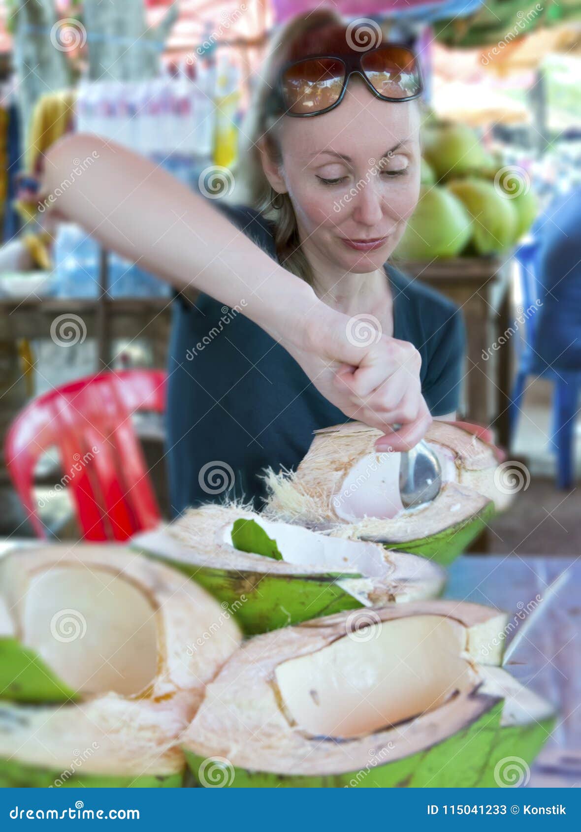 The Woman Eats Coconut Pulp in Street Roadside Cafe Stock Image Image of travel, fresh 115041233