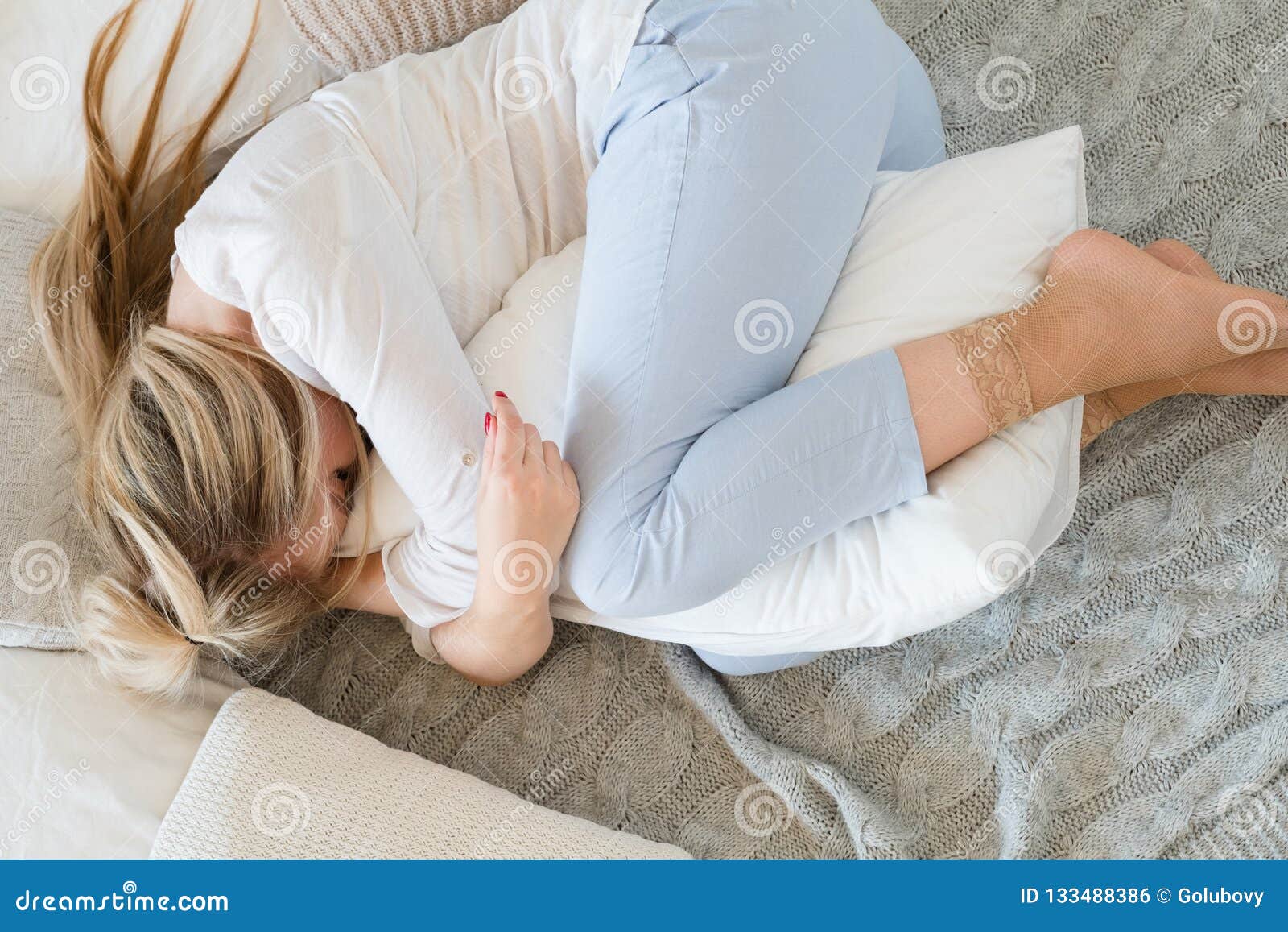 Woman Embrace Cuddle Pillow Lying Child Pose Bed Stock Photo