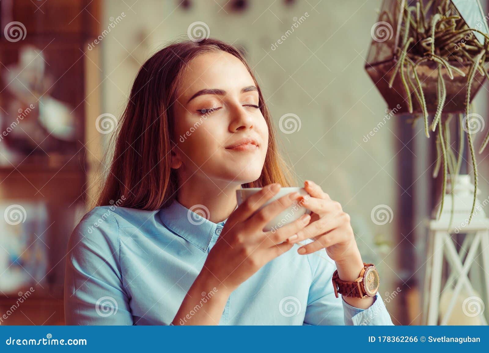 Woman Enjoying Her Cup of Tea Coffee, Hot Beverage Eyes Closed Stock ...