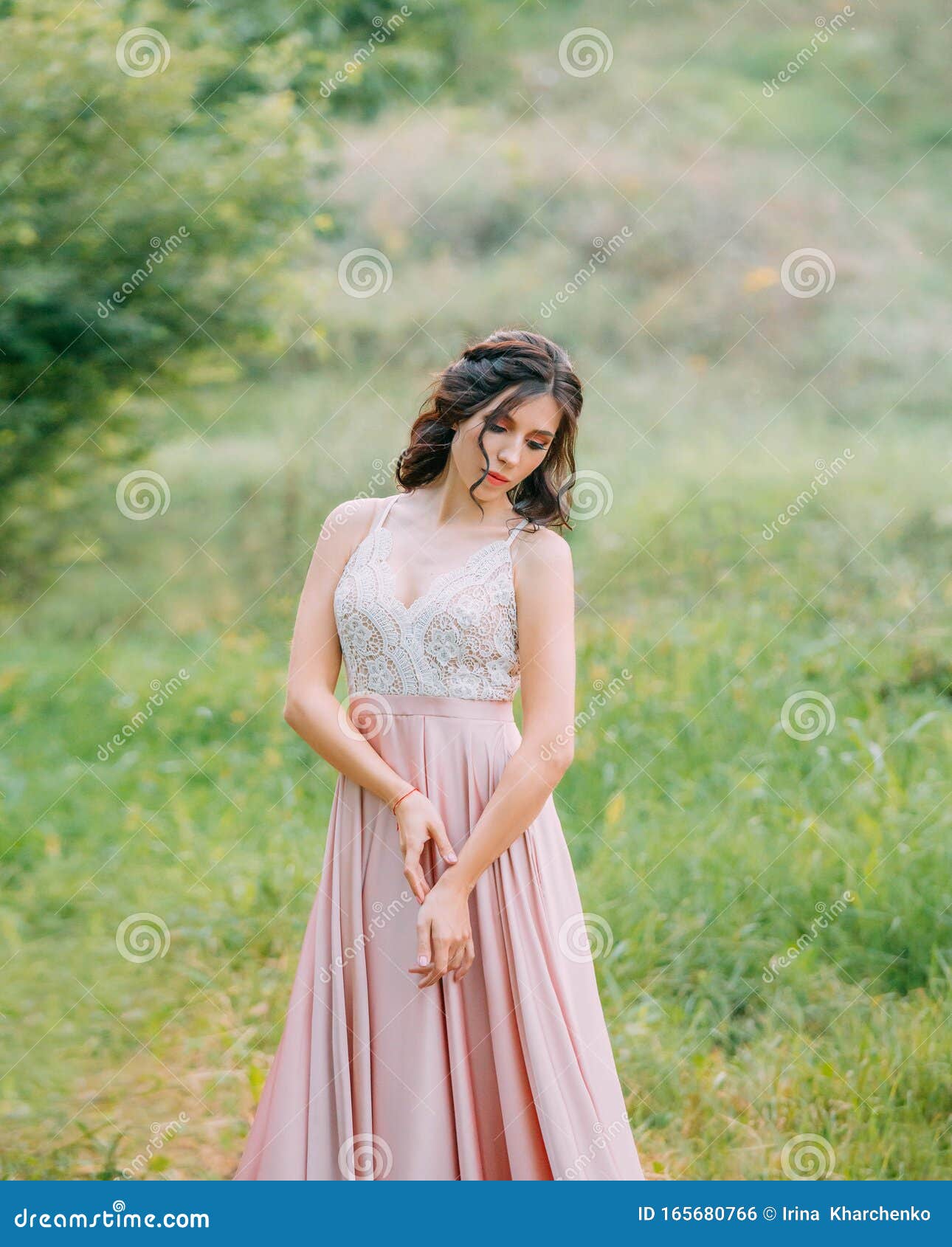 Woman Enjoying Nature in Delicate Elegant Pink Silk Dress with White ...