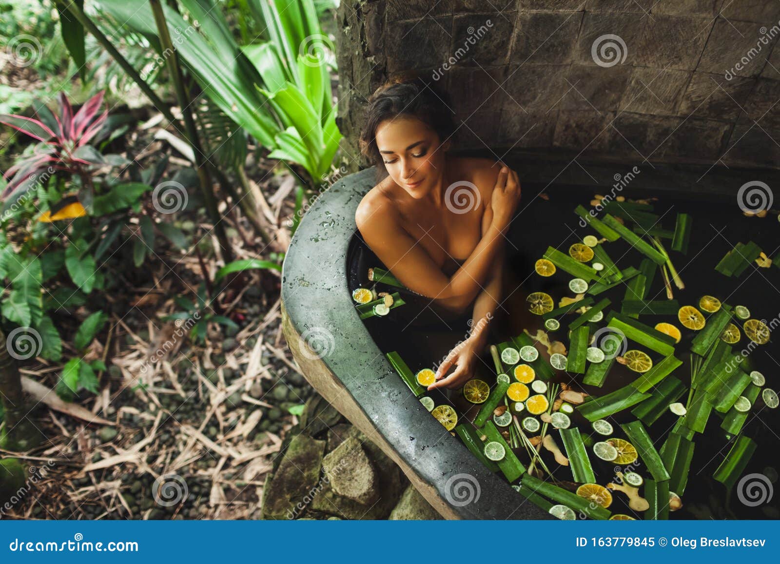 Woman Enjoying In Outdoor Tropical Spa Bath Tub Stock Image Image Of