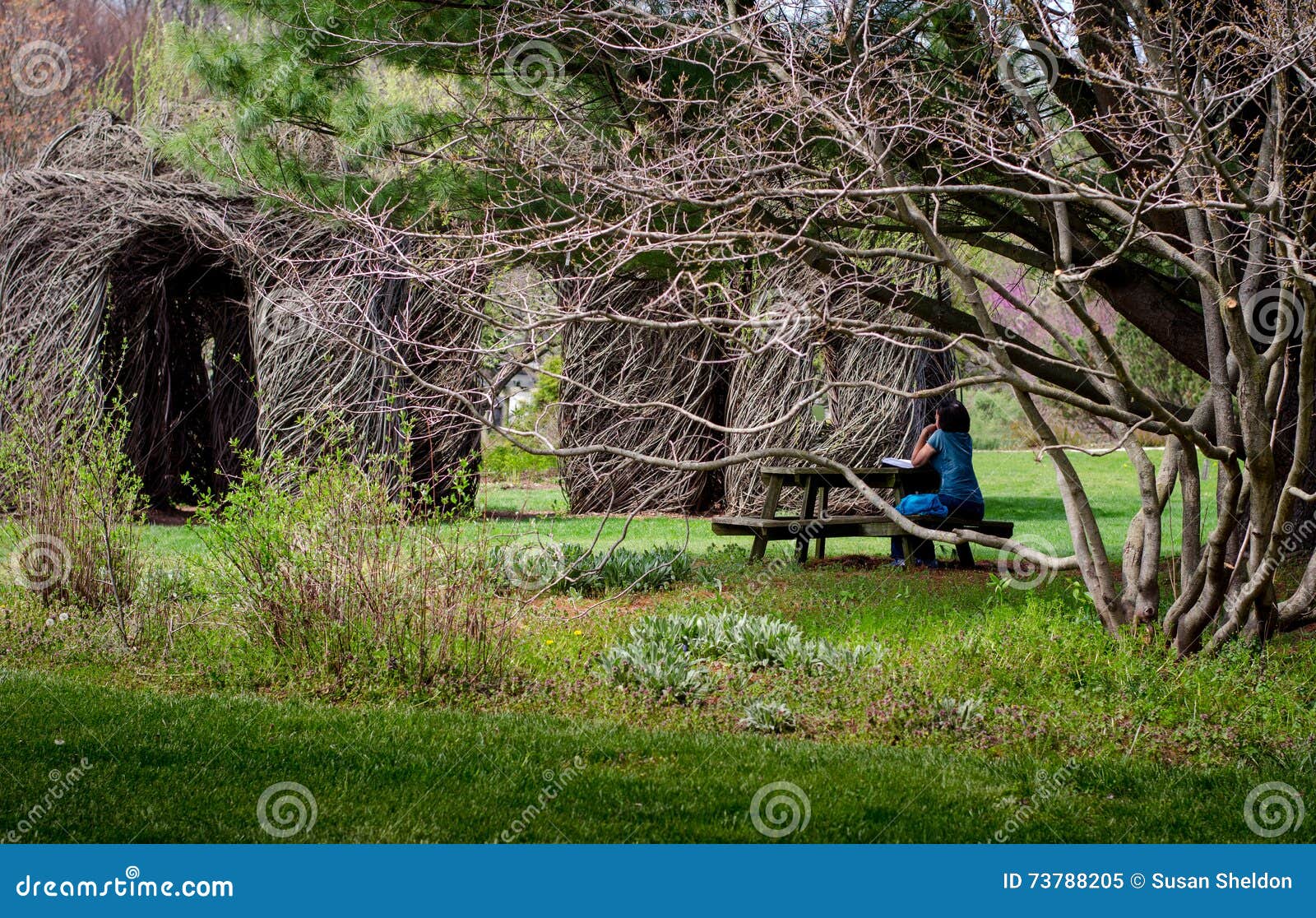 Woman Enjoying Sculpture At Fernwood Gardens Editorial Image