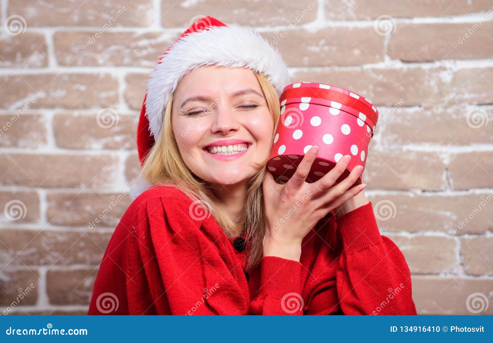 Woman Excited Opening Gift from Santa Claus. Christmas Eve Excitement ...