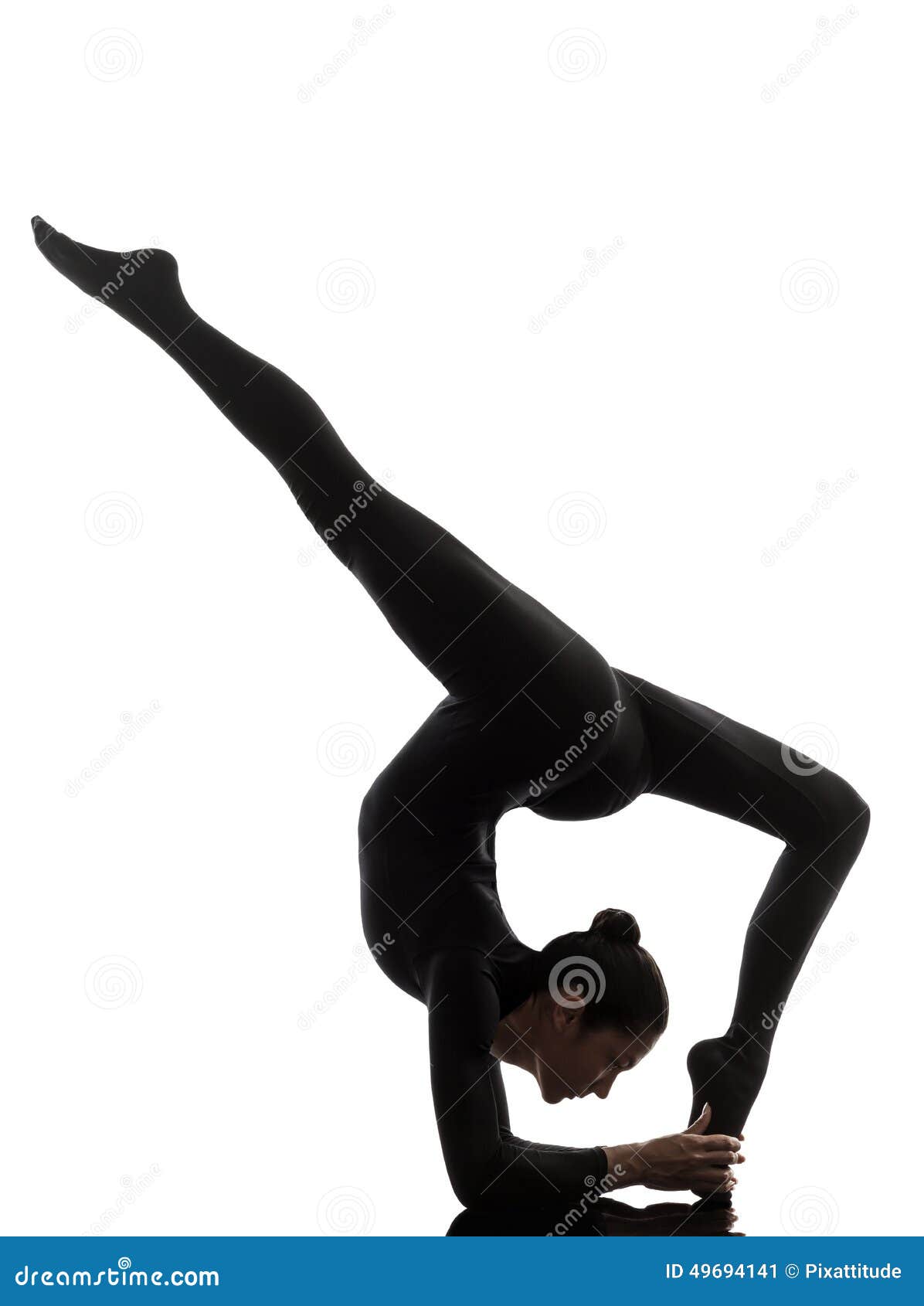 woman exercising gymnastic yoga eka pada viparita dandasana sil