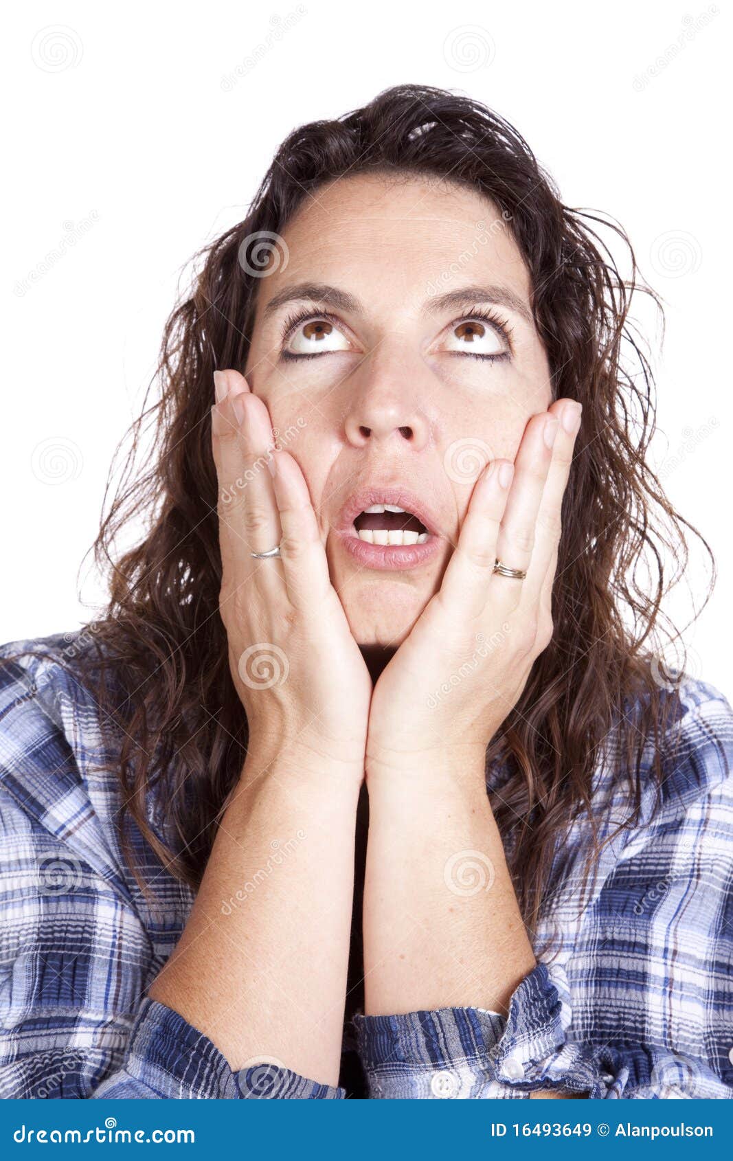 woman expression blue hands face lookup stock image image of