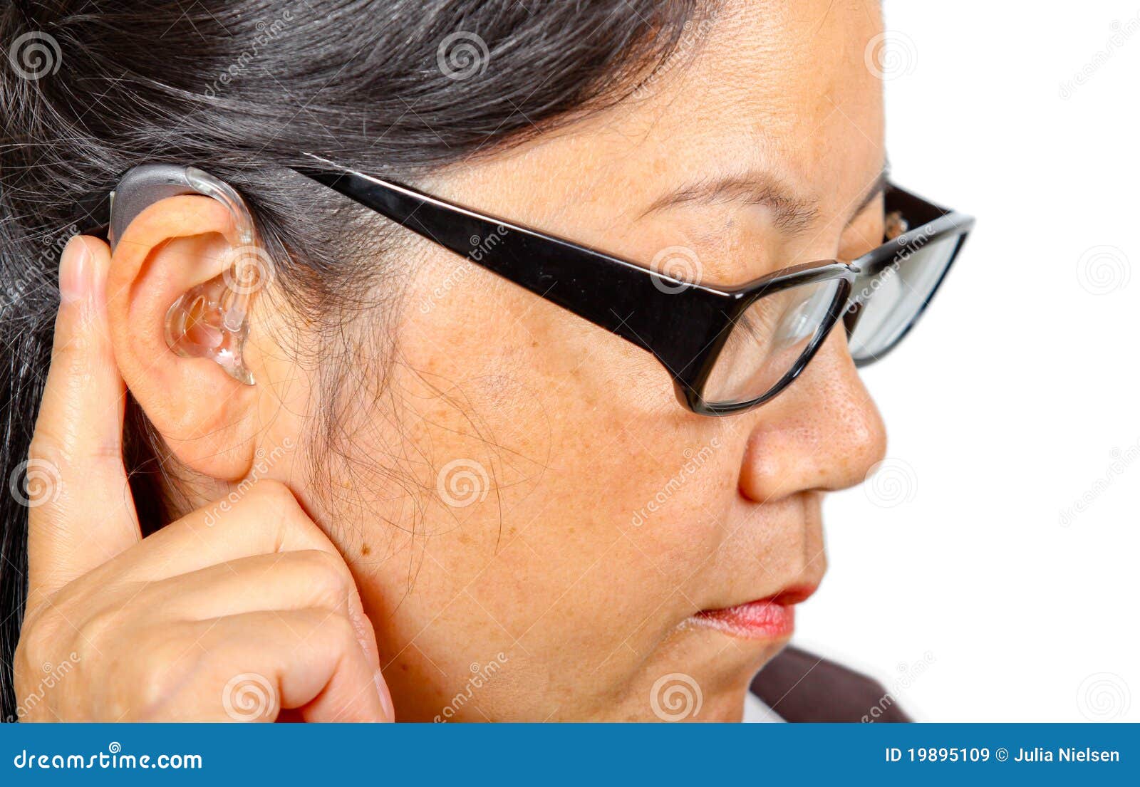Woman with Eyeglasses Wearing Hearing Aid Stock Image Image of