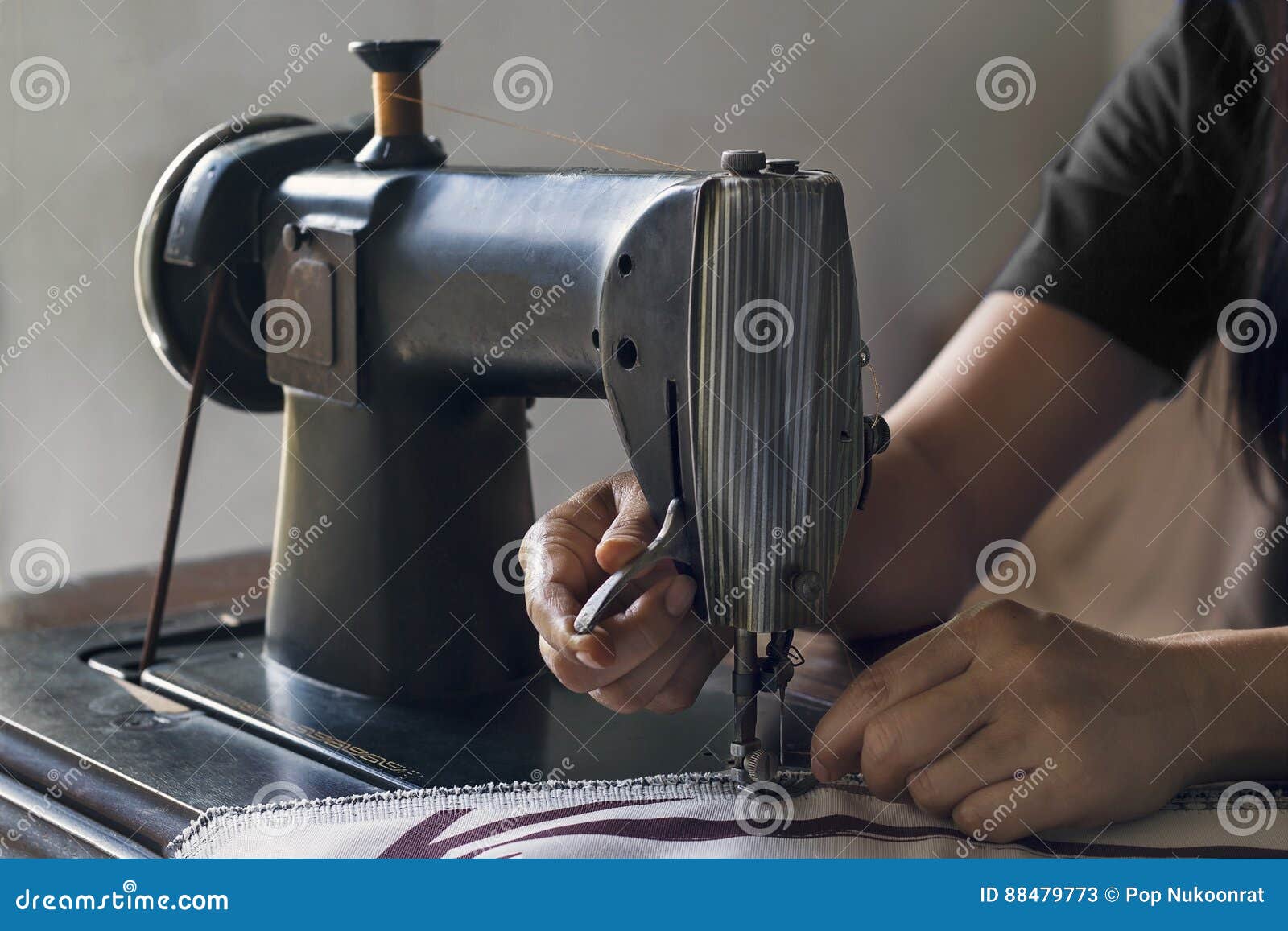 Woman with Fabric at Vintage Sewing Machine Stock Image Image of object, dust 88479773