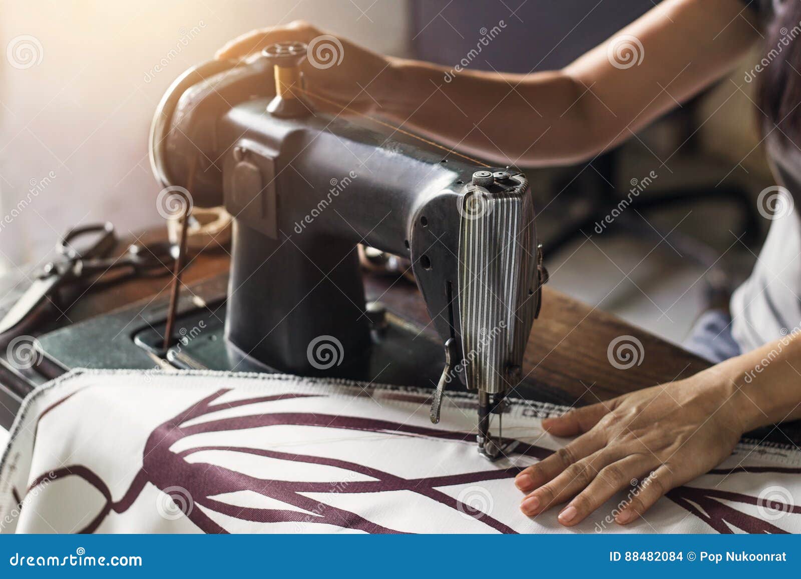 Woman with Fabric on Vintage Sewing Machine Stock Photo Image of retro, object 88482084