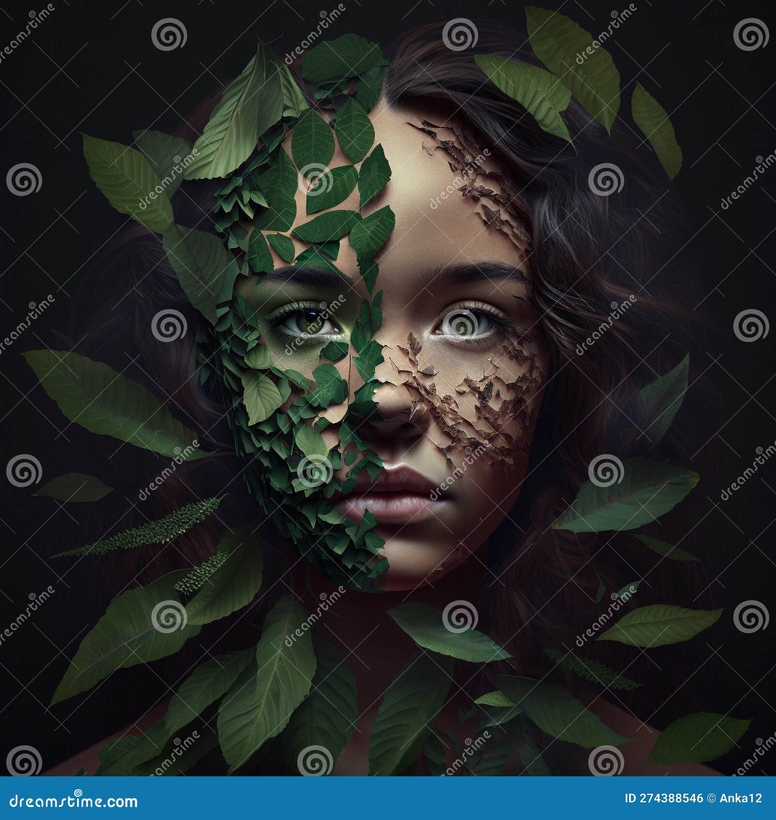 Woman Face With Greenery Skin Portrait Of Young Girl With Leaves In Hair As Concept For World