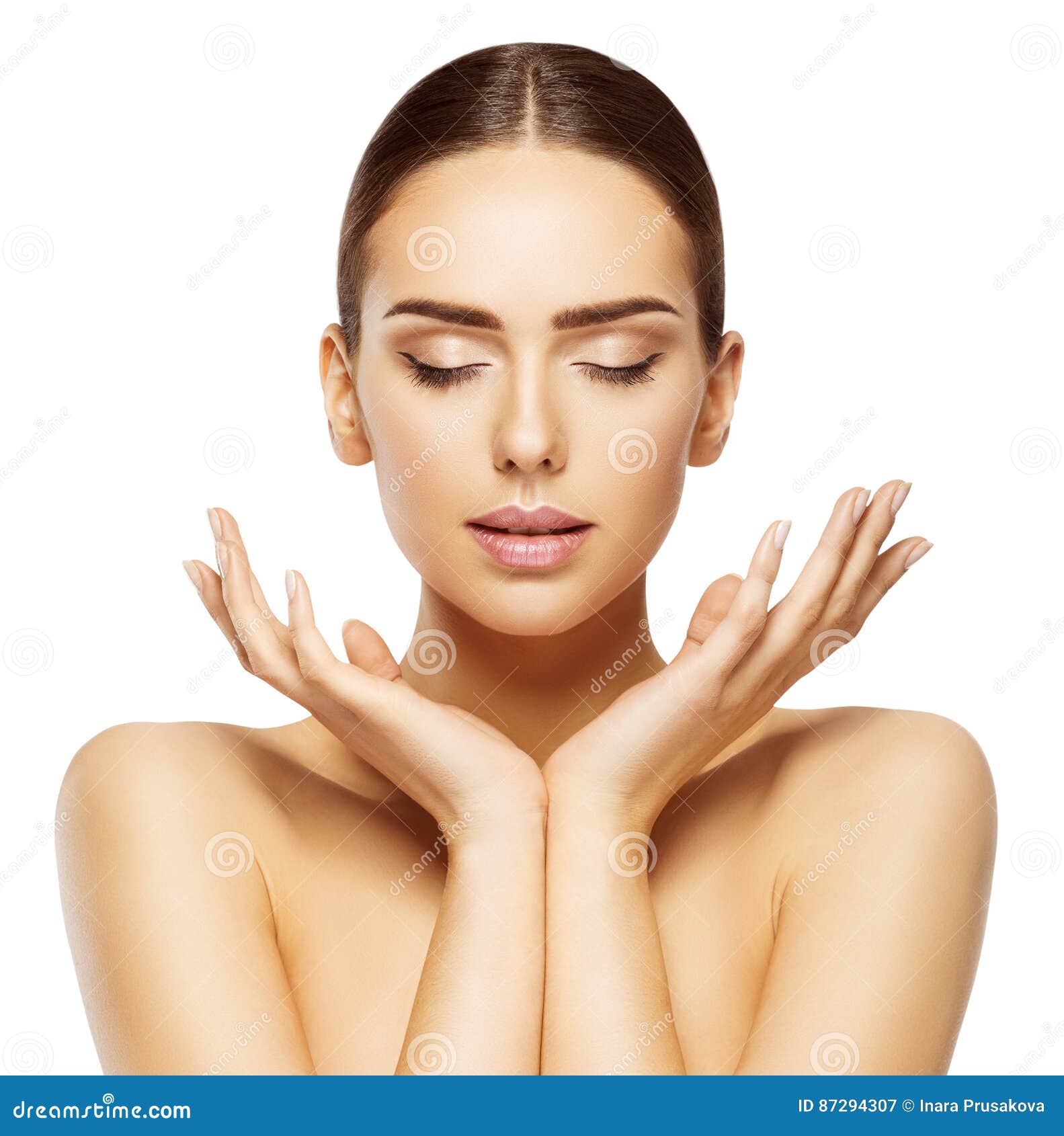 woman face hands beauty, skin care makeup eyes closed, make up