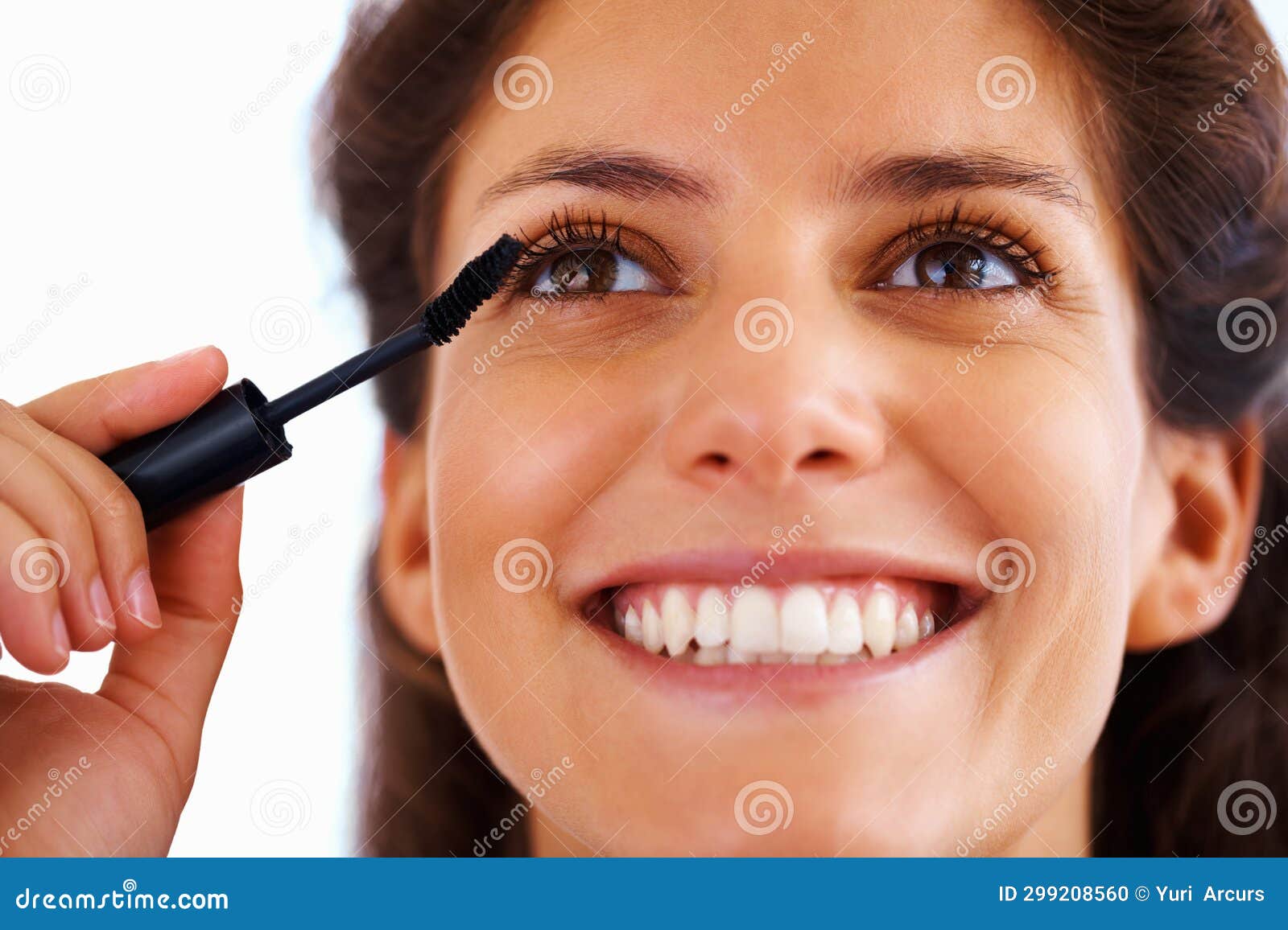 woman, face and mascara with smile for beauty, cosmetics and facial skincare with eyelash in home. person, happy and