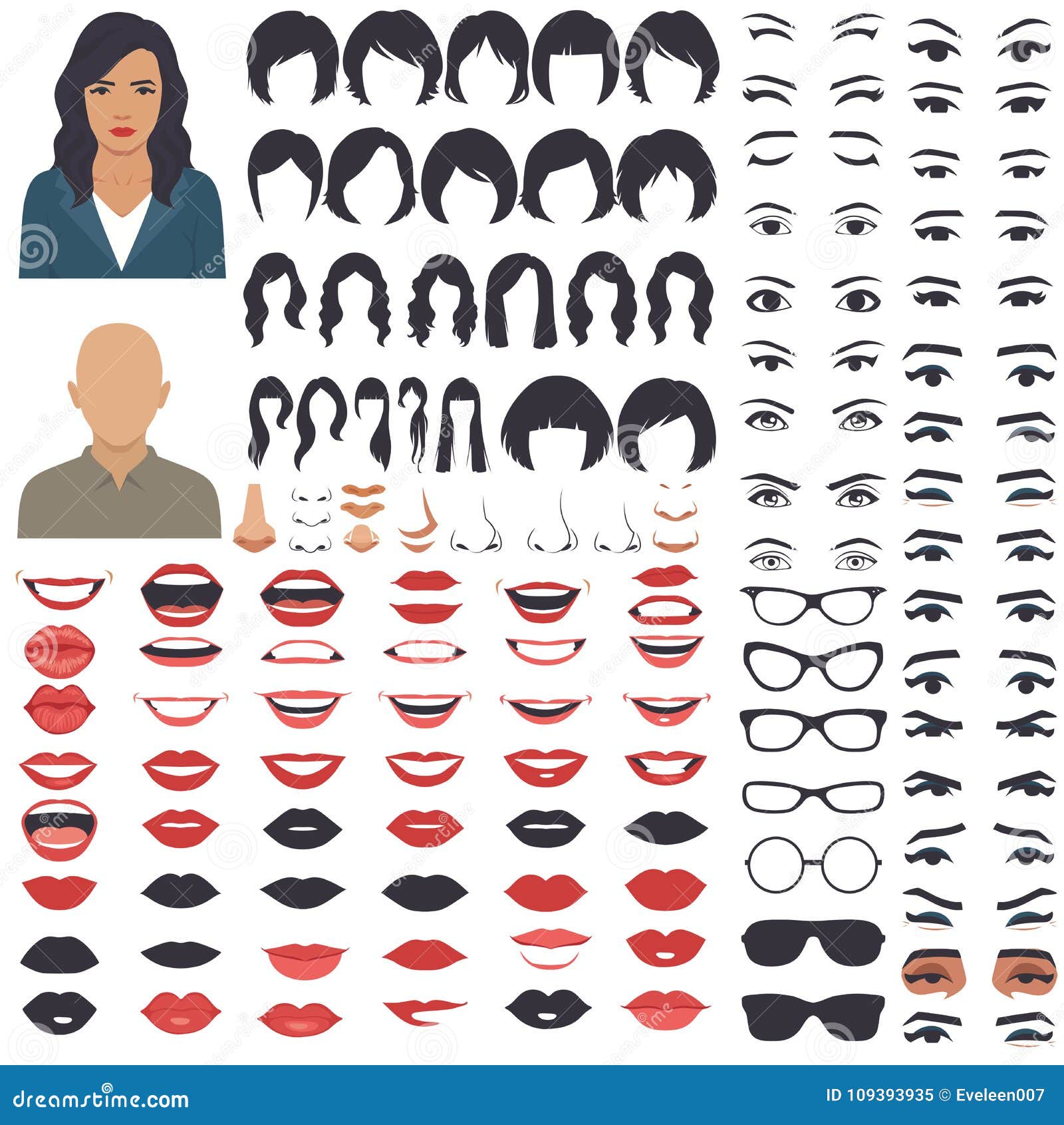 woman face parts, character head, eyes, mouth, lips, hair and eyebrow icon set