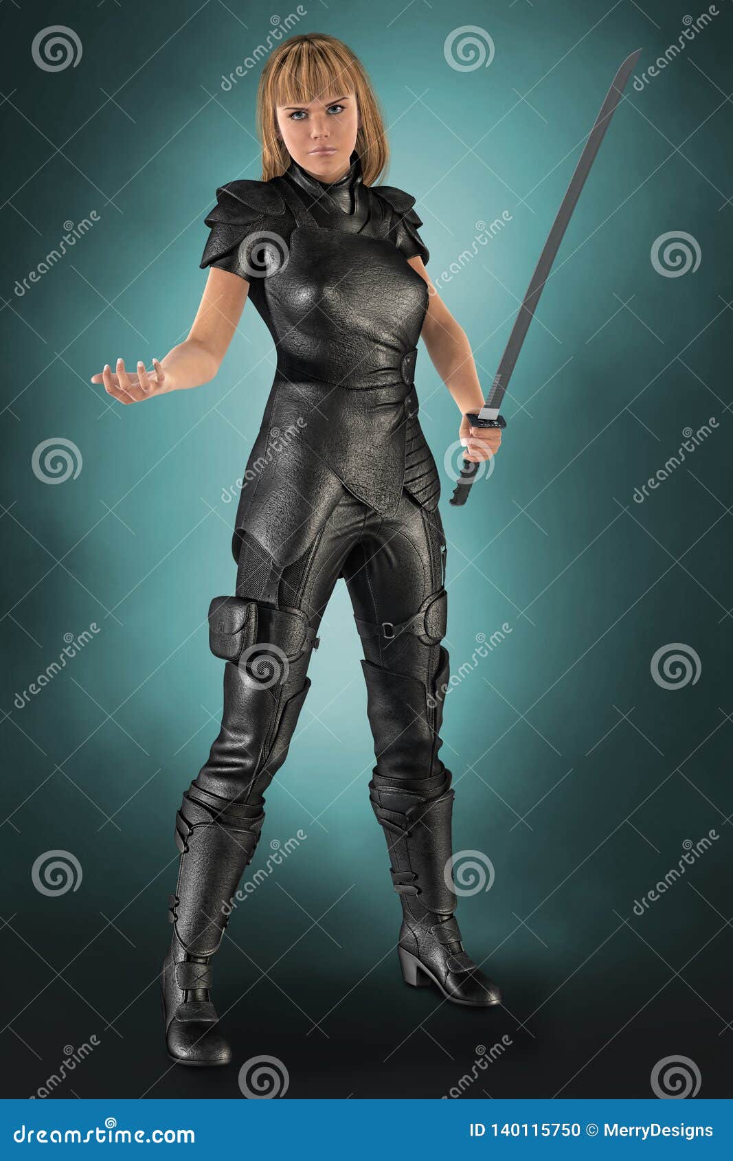 Woman In Fantasy Leathers With Sword Stock Illustration