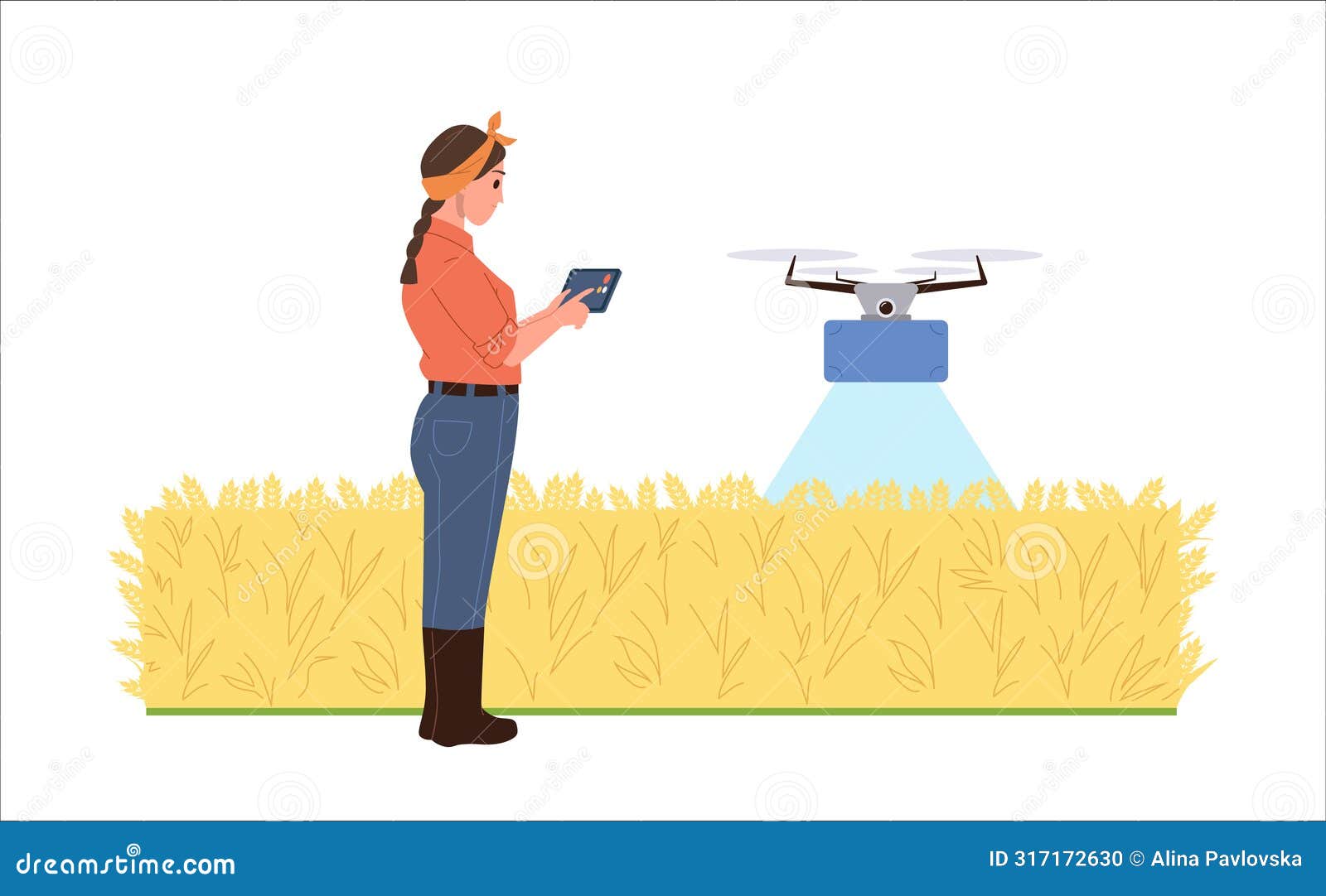 woman farmer using remote controlled drone system irrigate field cartoon scene  