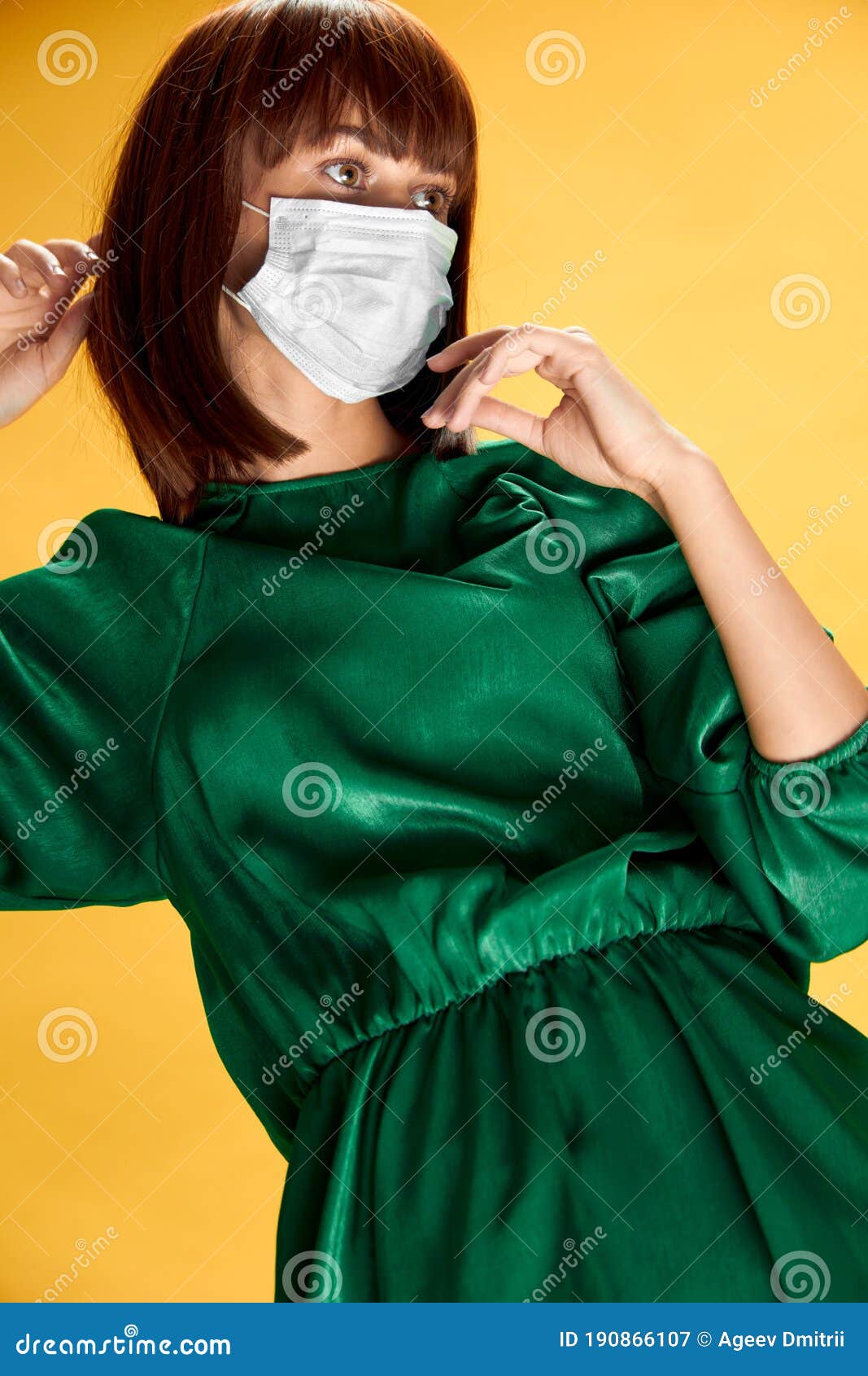Woman in Fashion Dress Posing in Medical Mask Virus Covid-19 Stock ...