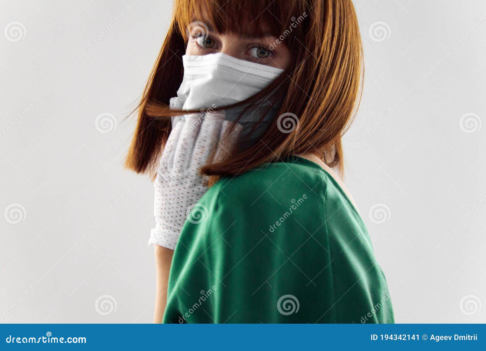 Woman in Fashion Dress Posing in Medical Mask Virus Covid-19 Stock ...