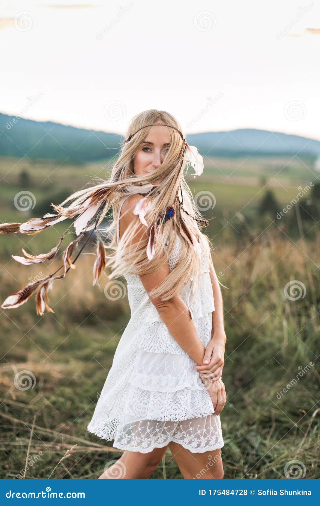 Woman Fashion Model Portrait Outdoors in the Summer Field, Sunset. Boho ...