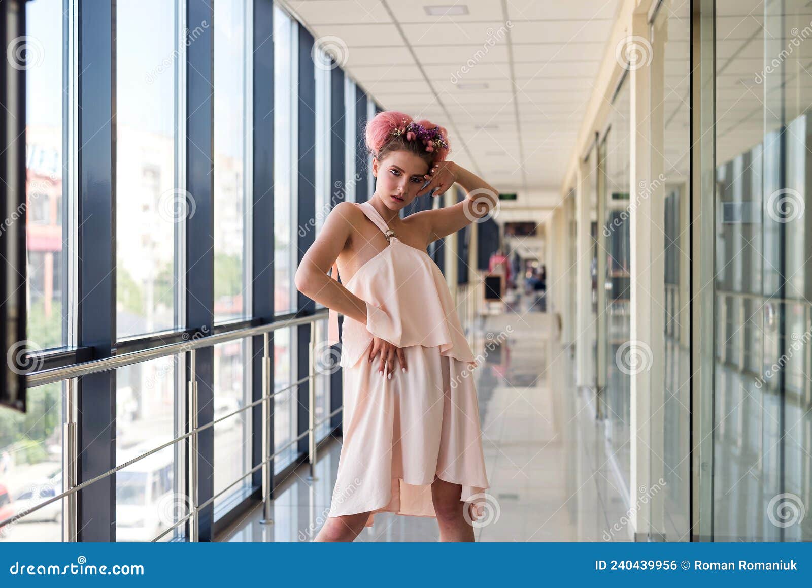 Woman in Fashion Pink Dress and White Shoes Posing Corridor Stock Photo ...