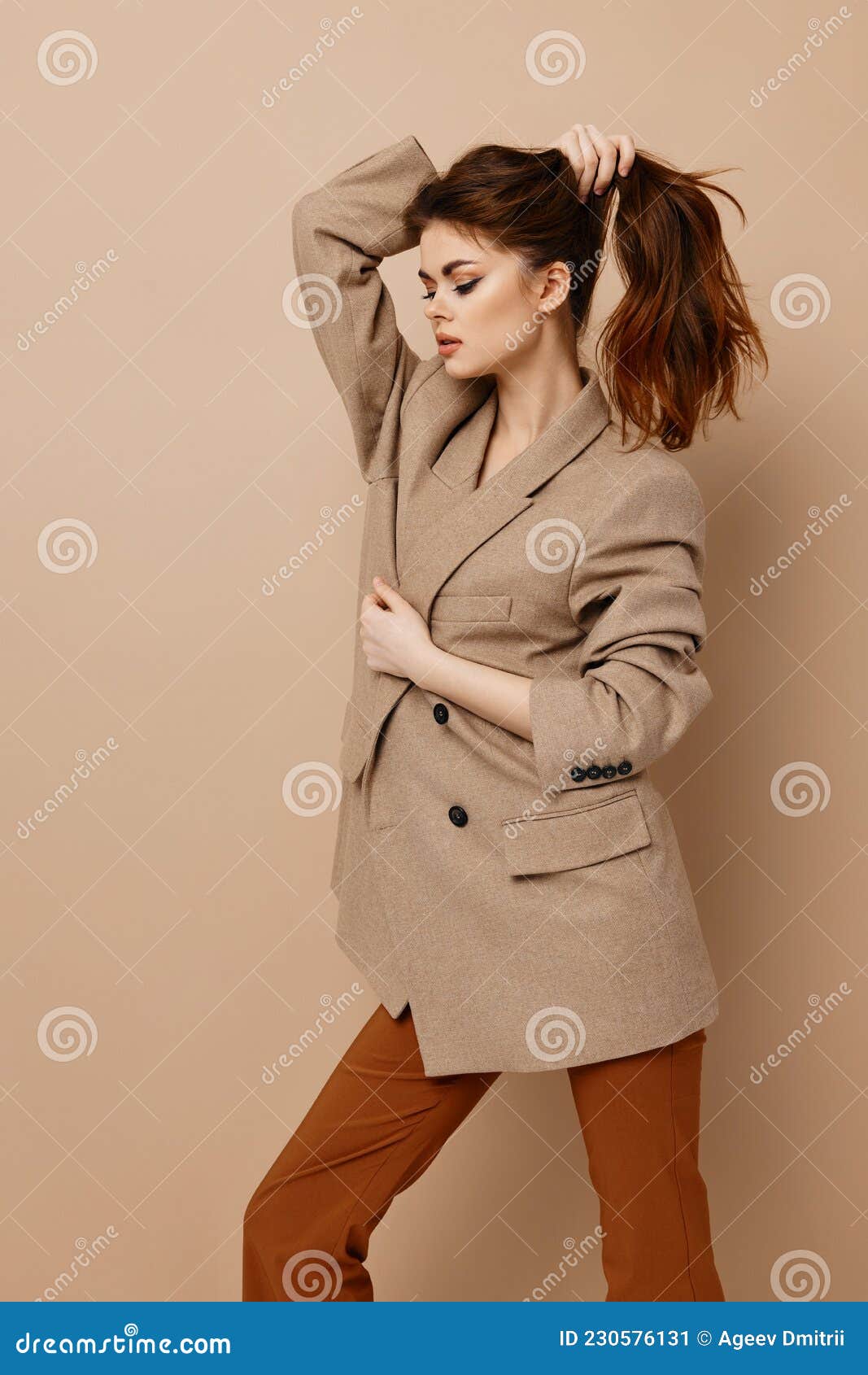 Woman in Fashionable Clothes Coat Pants Beige Background Hairstyle Model  Stock Image - Image of brunette, nude: 230576131