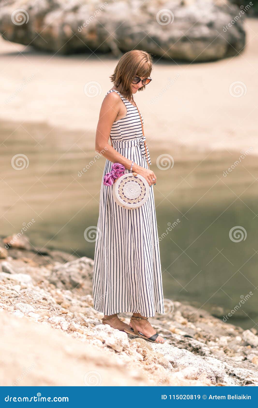 Woman with Fashionable Stylish Rattan Bag and Silk Scarf Outside ...