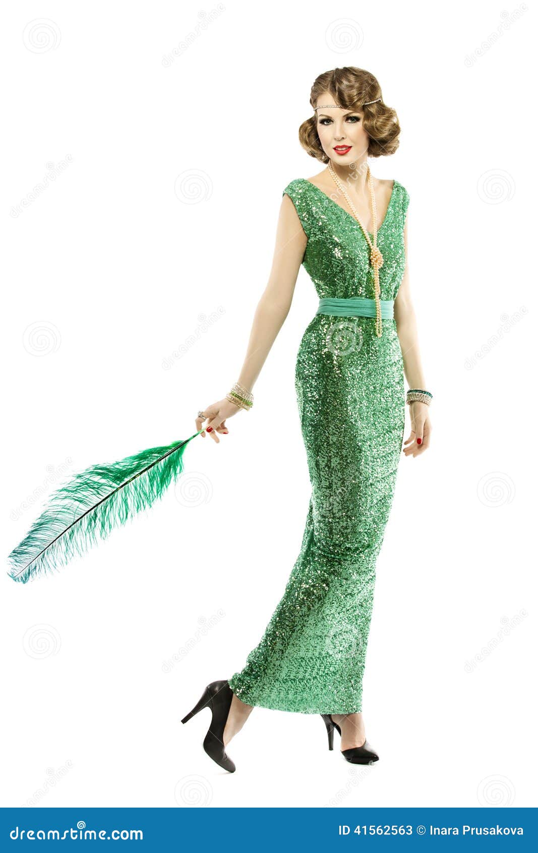 woman feather in fashion retro sequin dress, luxury lady elegant