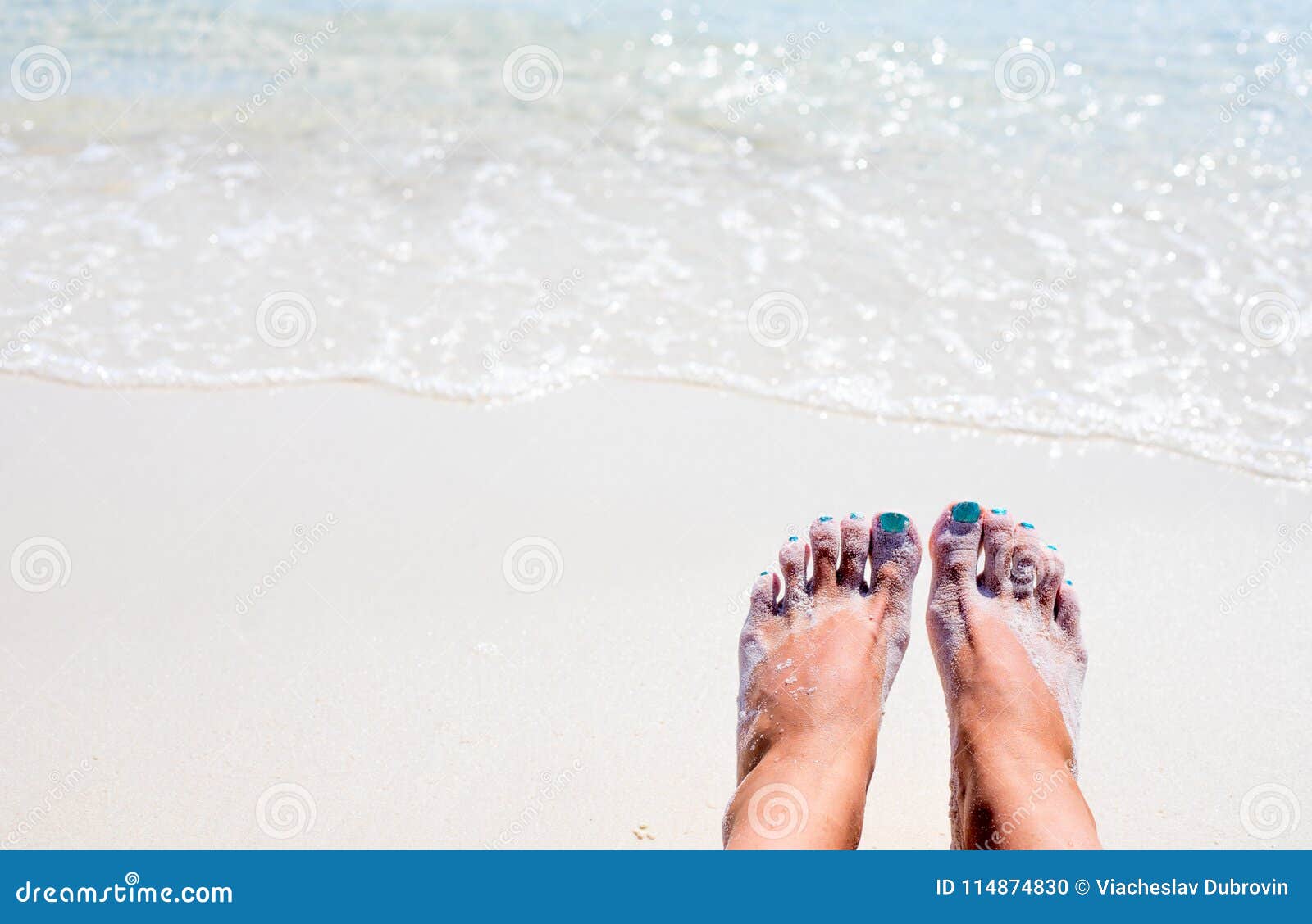 Woman Feet on Hot Sunny Beach. Relaxed Barefoot Tourist by Sea. Seaside ...