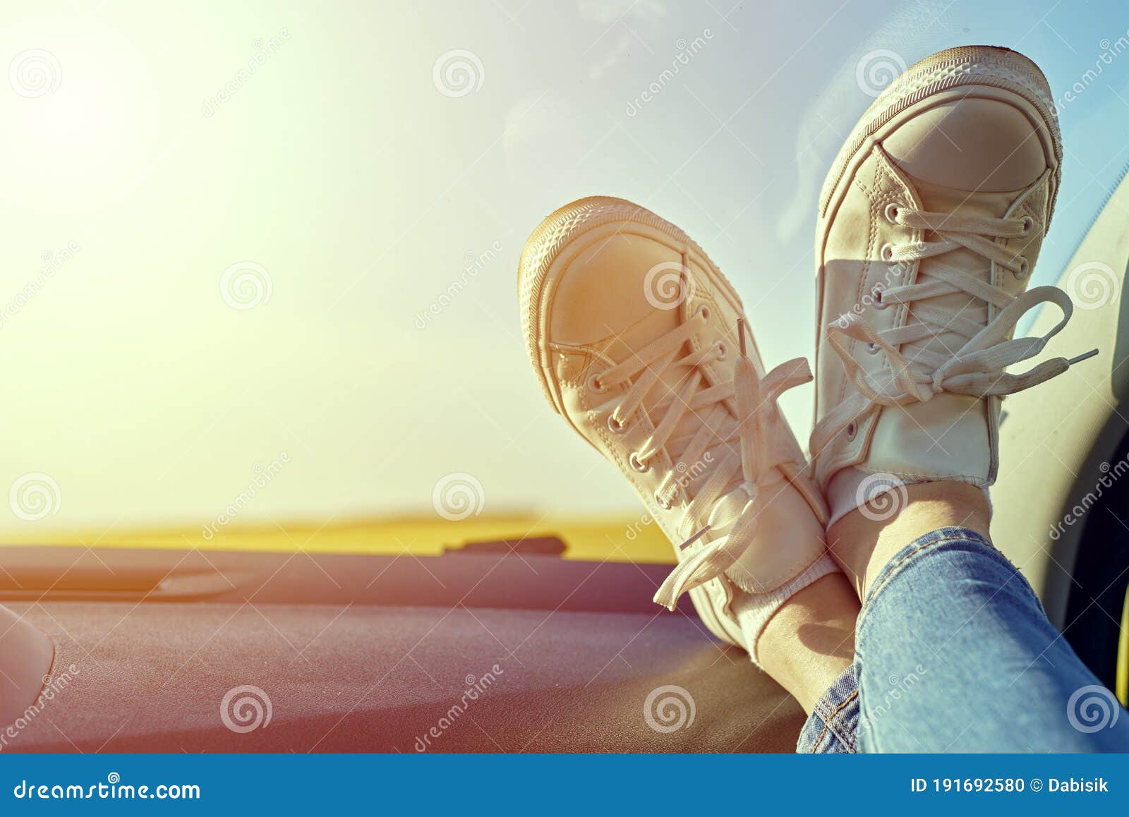 Woman Feet in Sneakers on Car Dashboard. Roadtrip and Freedom Travel ...