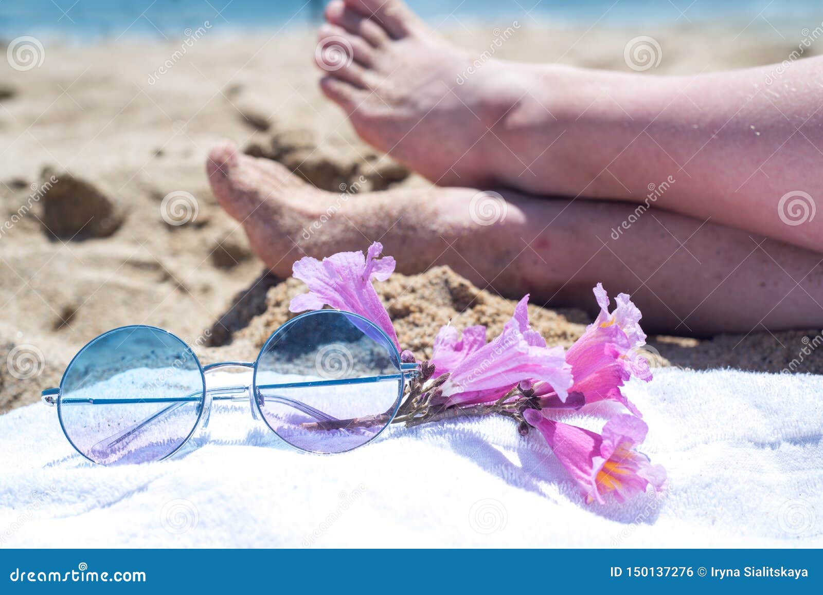 Upside Woman Feet and Red Pedicure Wear Pink Sandals, Sunglasses at ...