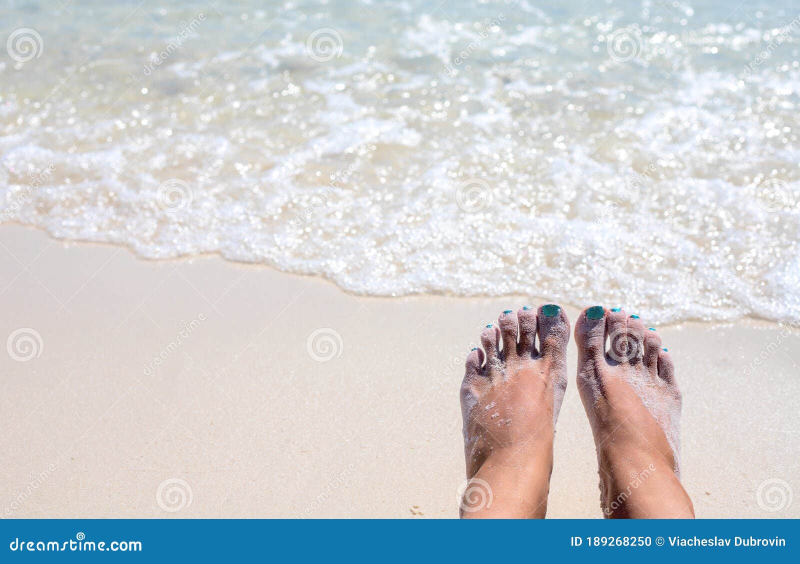 Woman Feet on Sunny Sea Beach. Relaxed Barefoot Tourist by Sea. Seaside ...