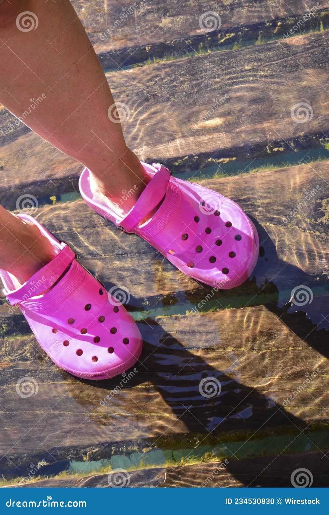 Woman Feet in Transparent Water with Crox Rubber Slippers on Wooden ...