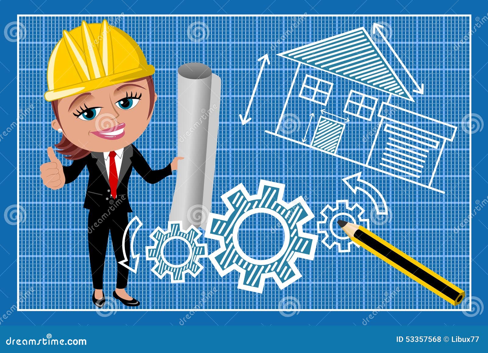 woman female architect thumb up blueprint