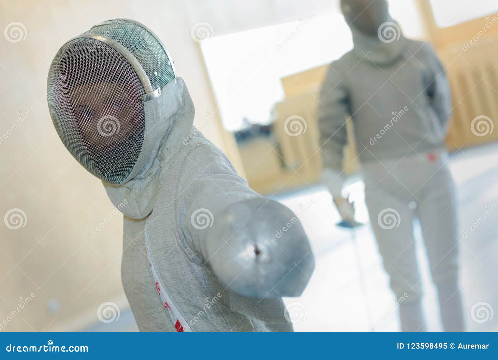 Woman in fencing posture stock image. Image of indoors 123598495