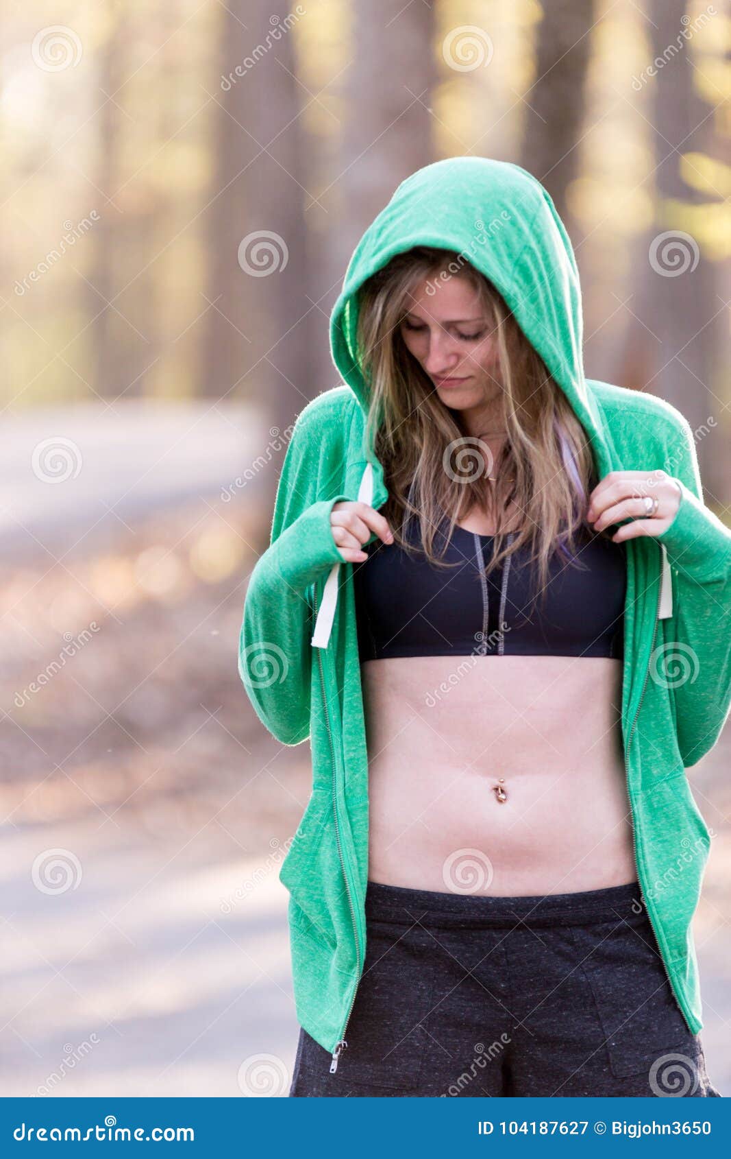 Female Fitness Model in Sports Bra with Hoodie on Nature Trail. Stock Image  - Image of female, attractive: 104187627