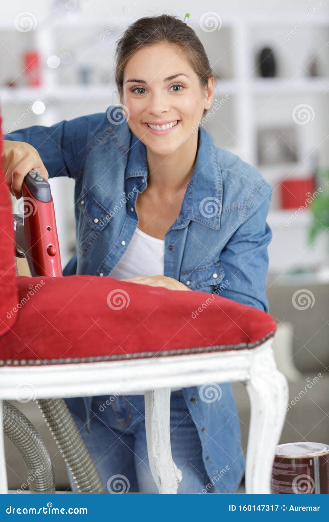 Woman Fixing Chair with Staple Stock Image Image of labor, house