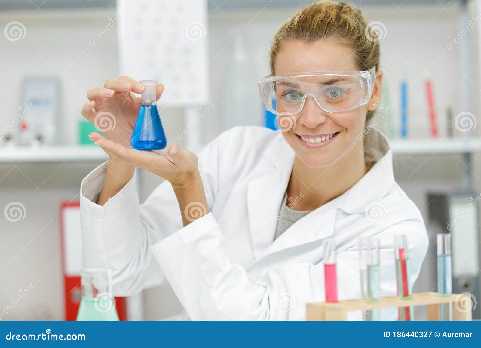 Woman with Flasks Science Lab Stock Image Image of occupation