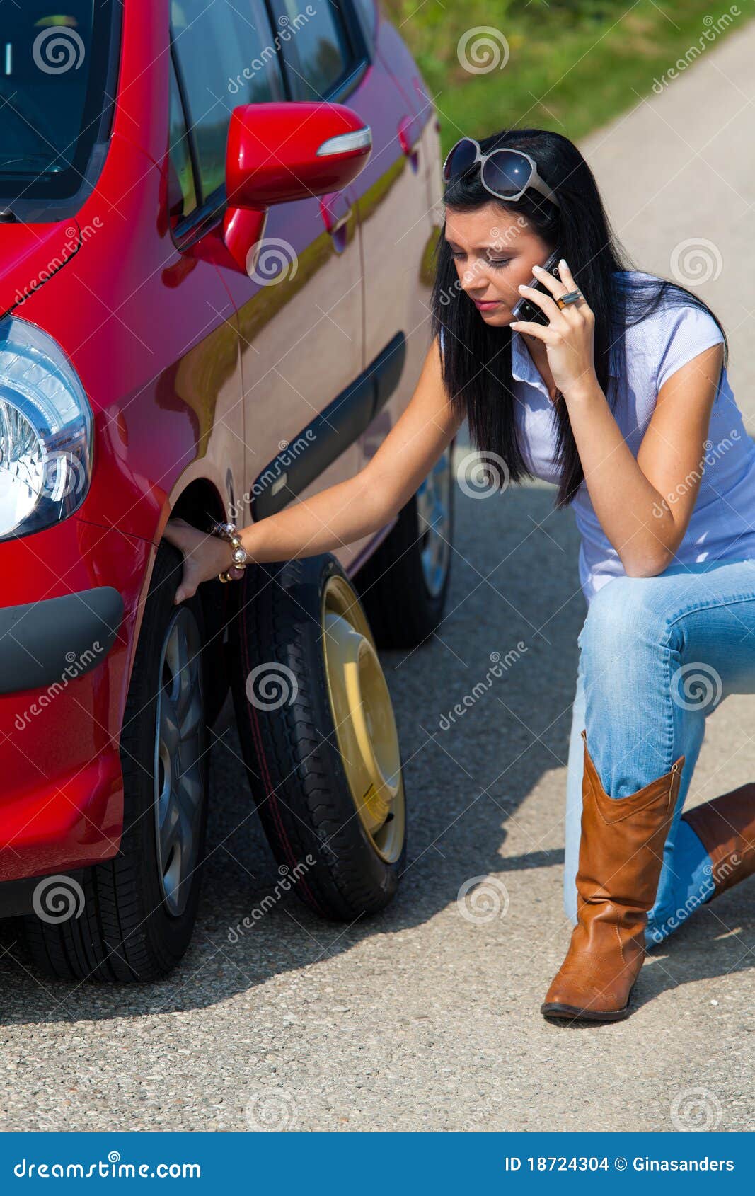 Woman With A Flat Tire In Car Stock Images - Image: 18724304
