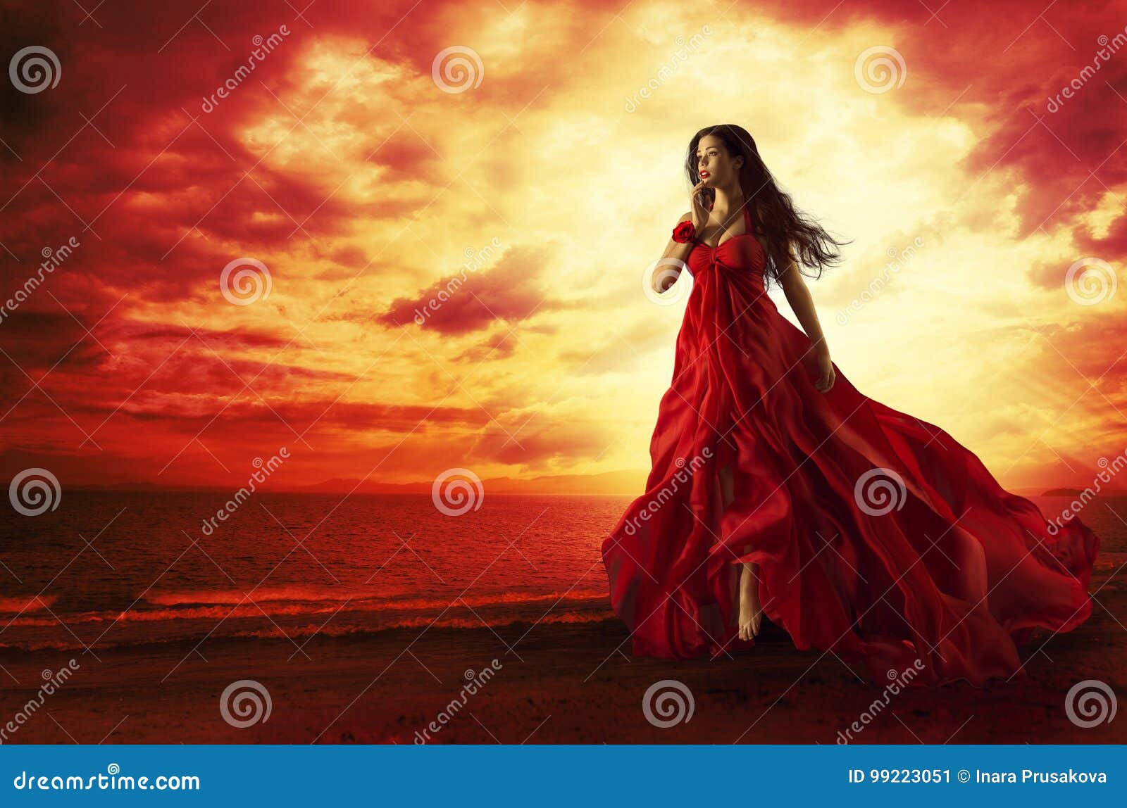 woman flying red dress, fashion model in evening gown levitating