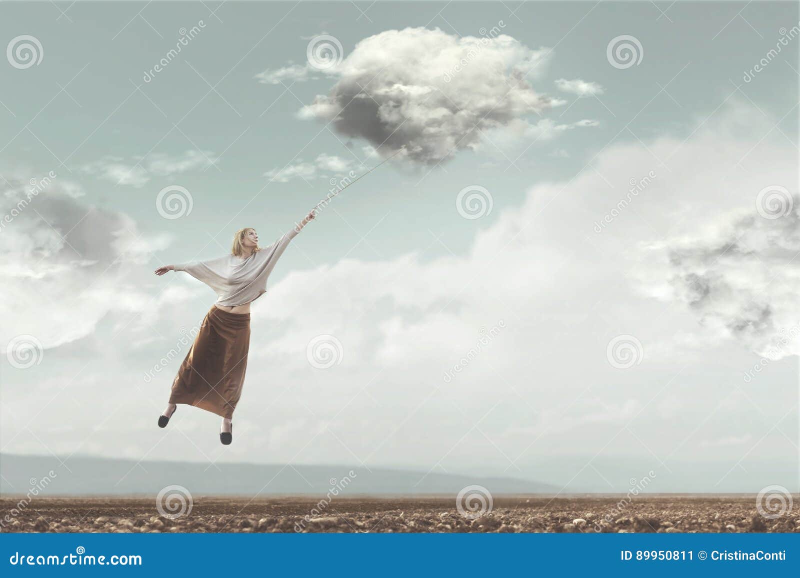 woman flying in the sky carried by a cloud