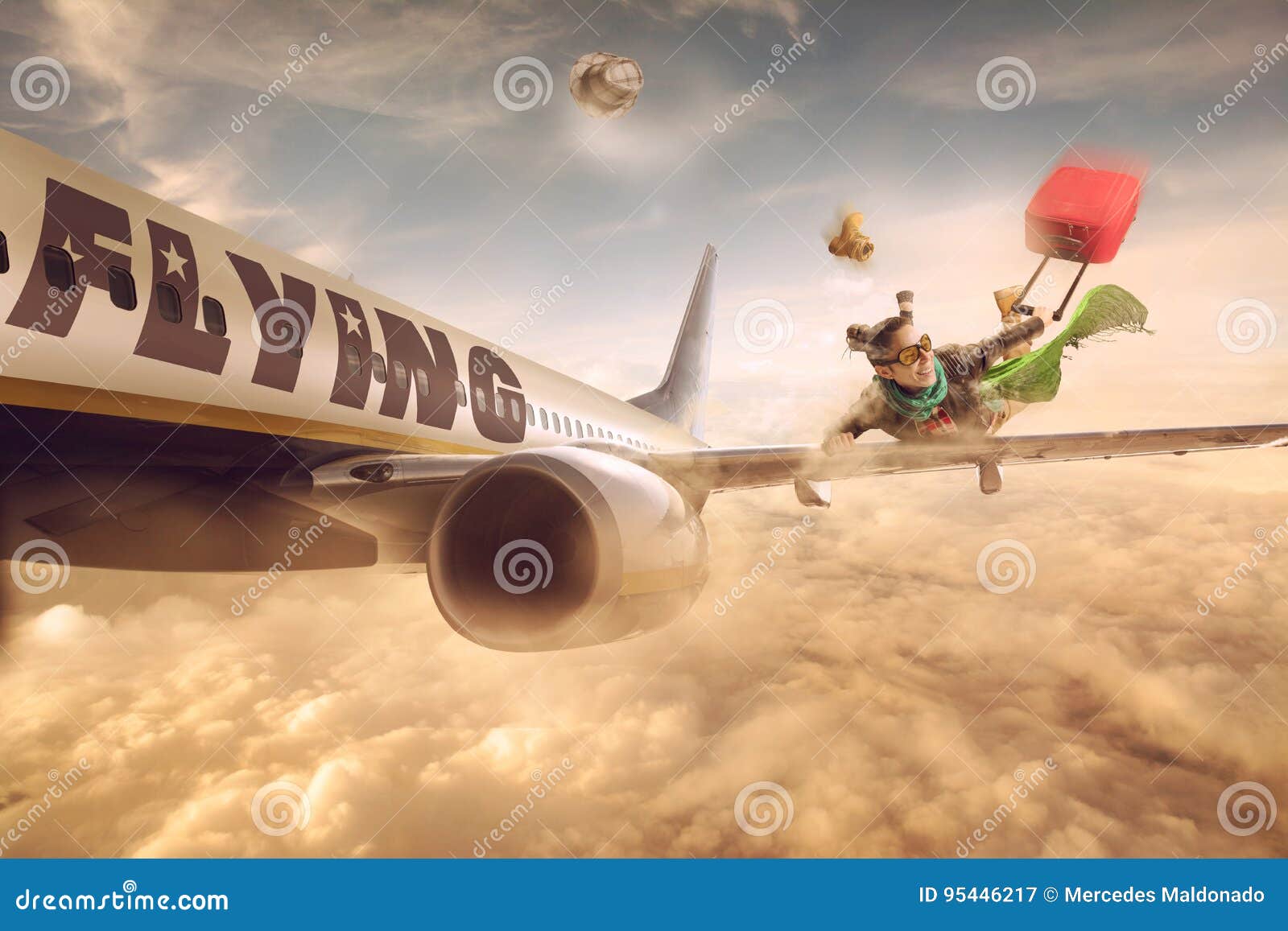 Three travel bag with clouds and plane Royalty Free Vector