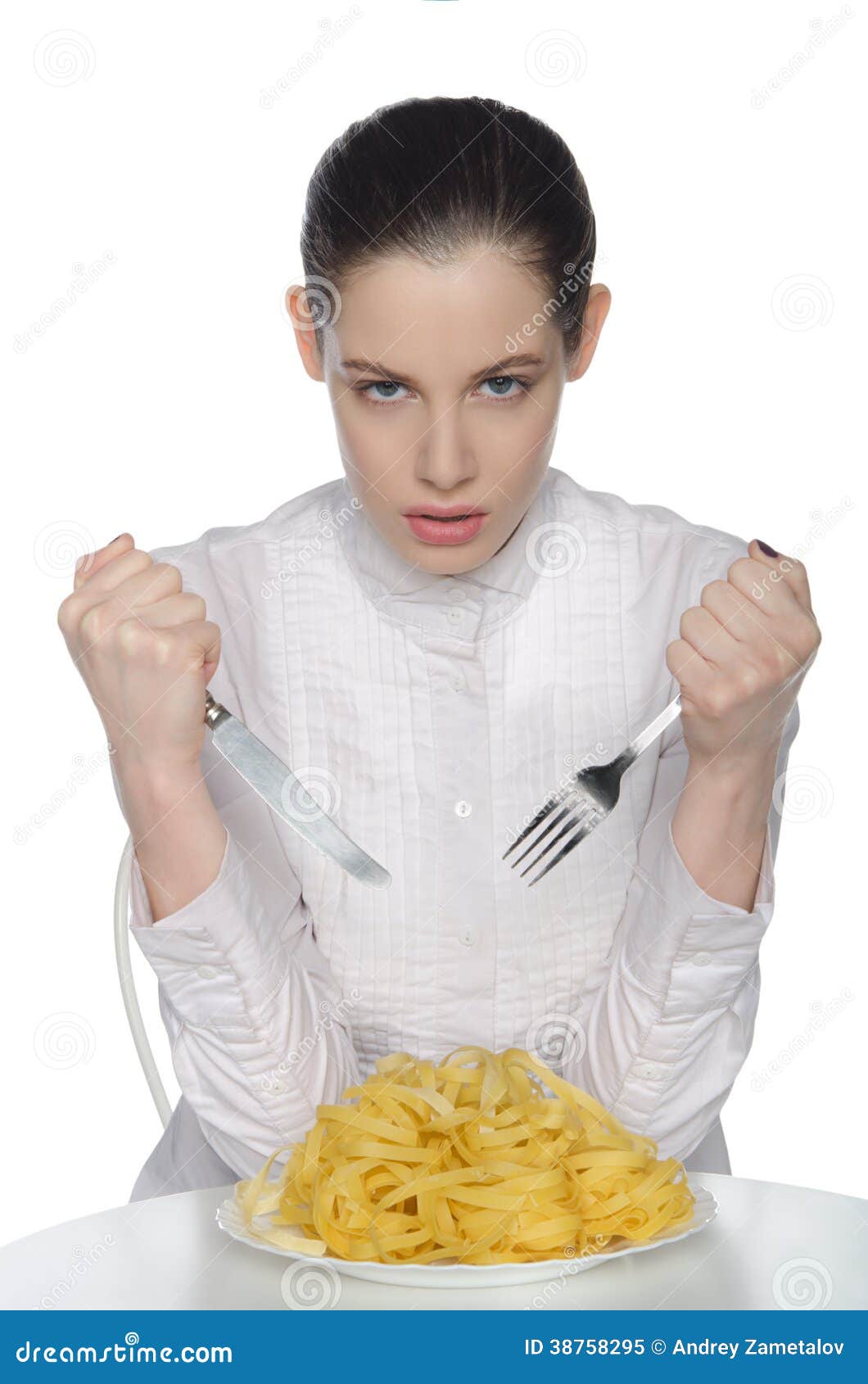 Woman with Fork, Knife and Spaghetti, Sits Stock Image Image of lunch
