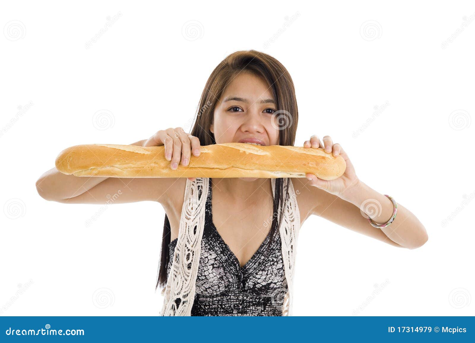 Woman with french bread stock image. Image of bite, beautiful 17314979