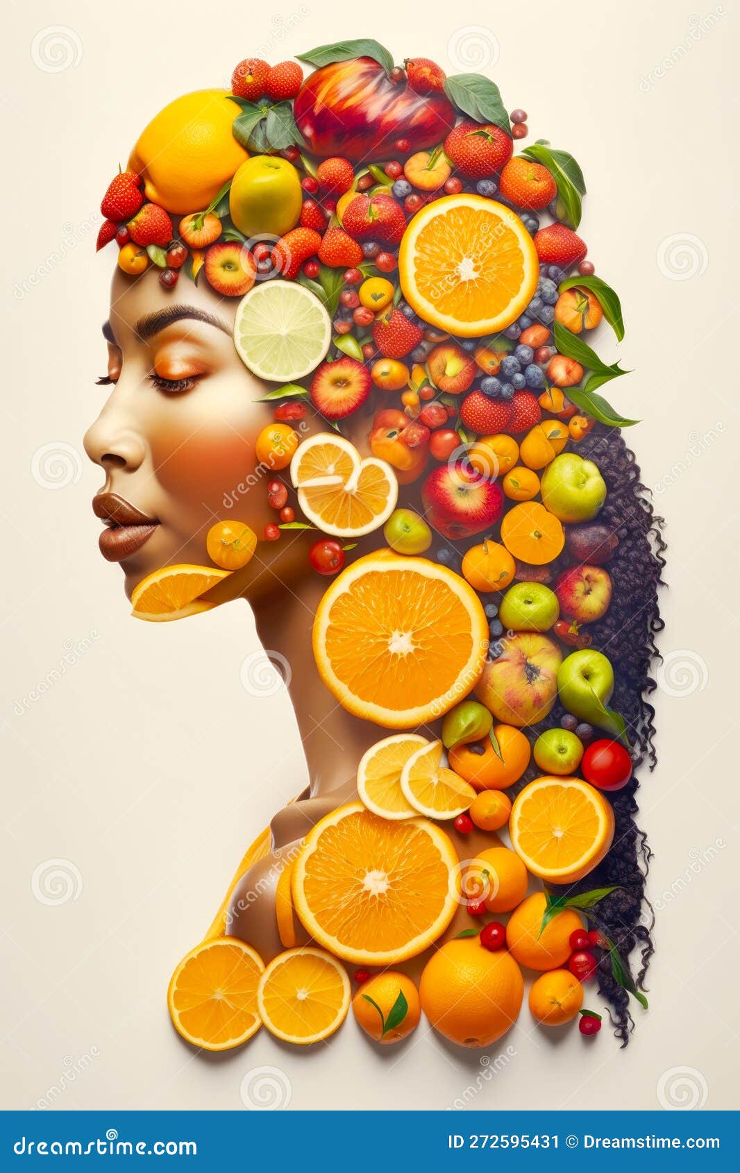 Woman with Fruit on Her Head and Fruit on Her Face in the Shape of Woman S Head. Generative AI