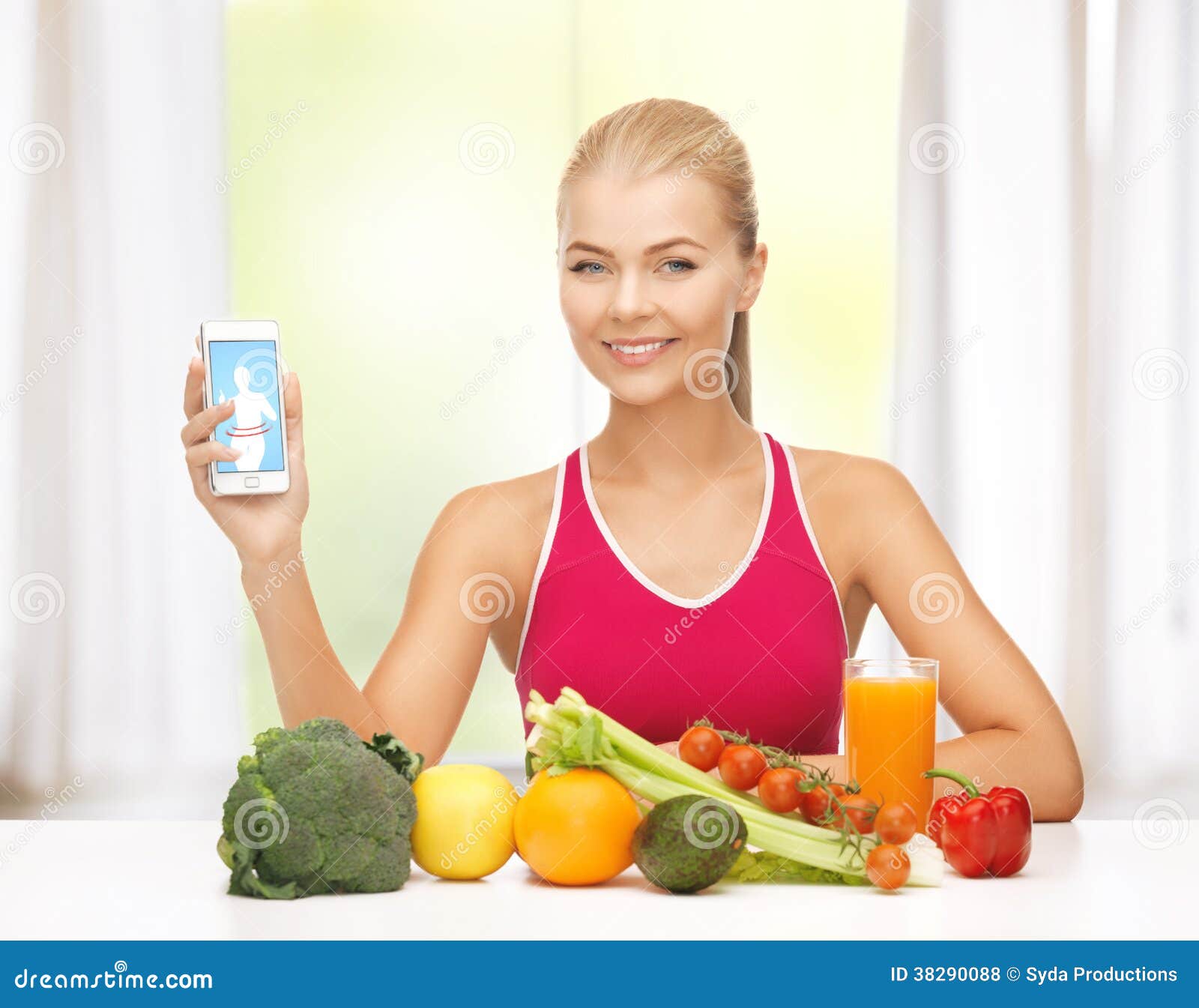 Woman with Fruits, Vegetables and Tablet Pc Stock Photo Image of