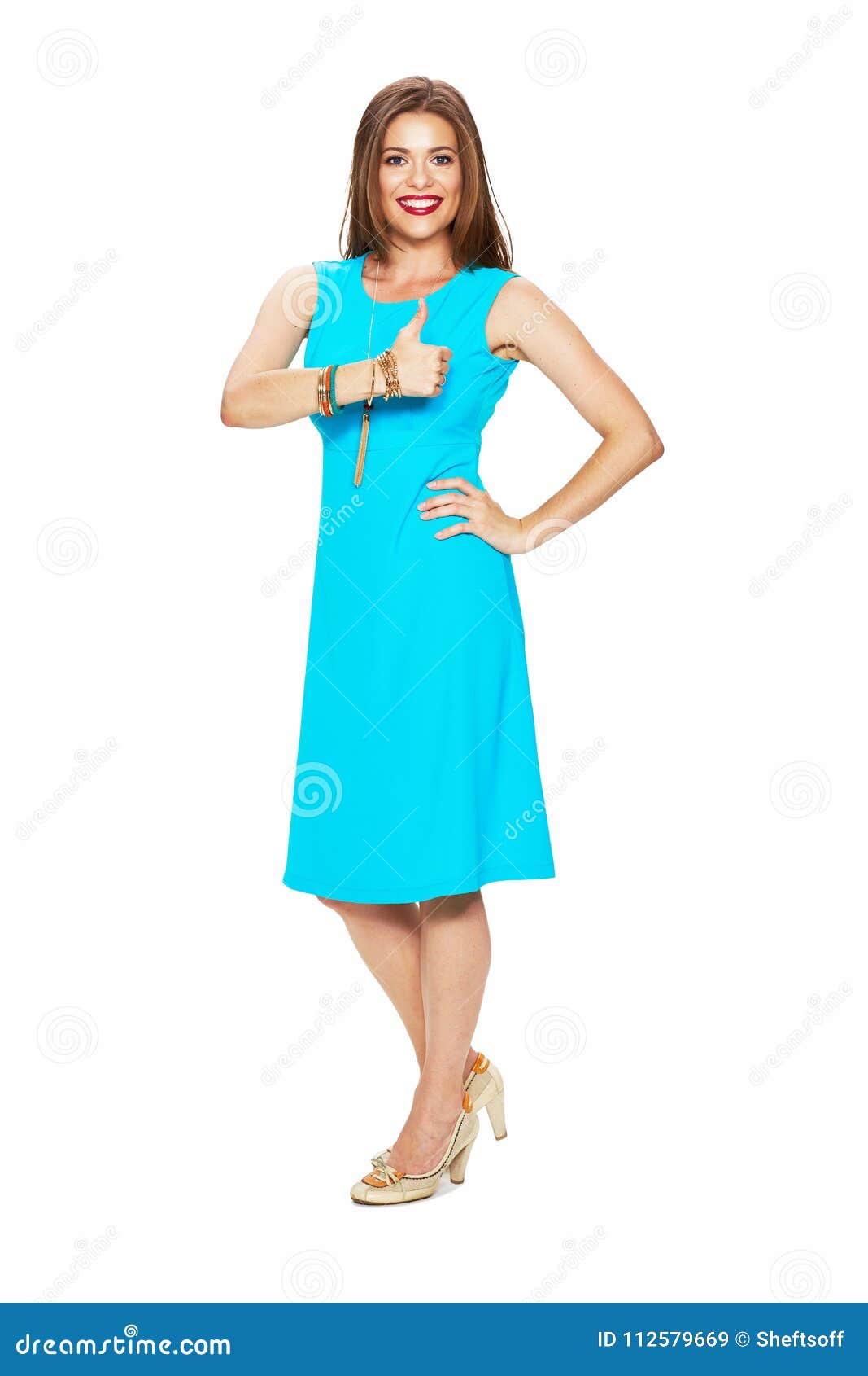 Woman Full Body Portrait Thumb Up Show Stock Image - Image of hair ...