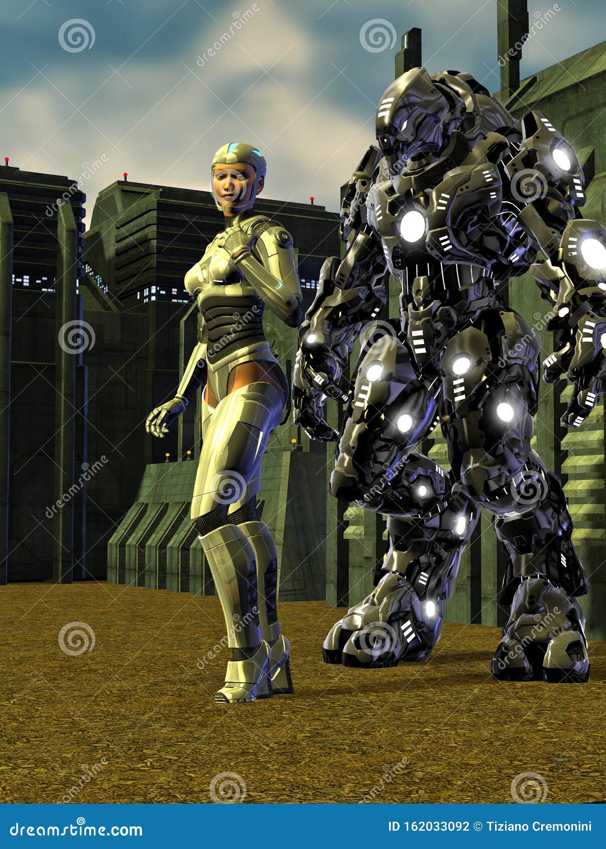 Woman with Futuristic Armor Together with a Combat Robot, Near a