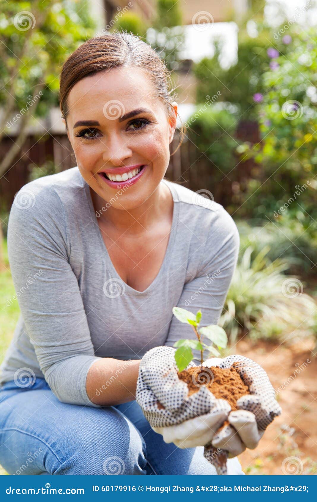 Woman gardening backyard stock photo. Image of casual 60179916