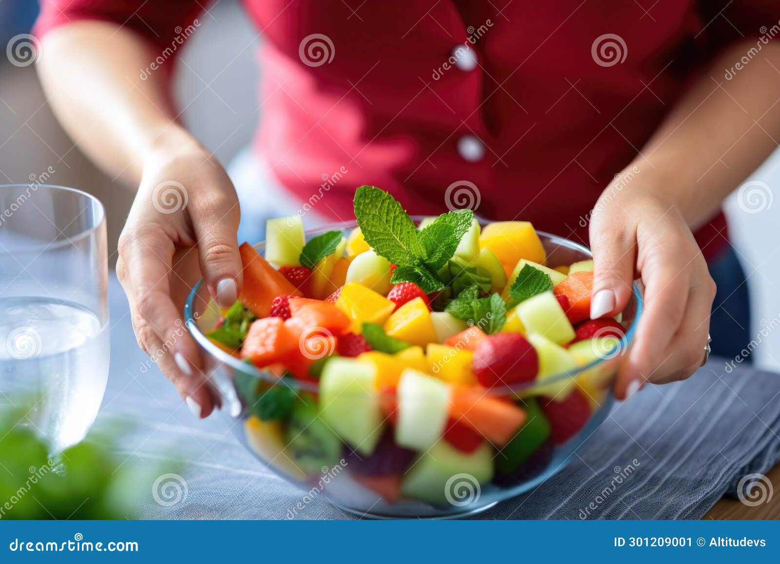 Woman Garnishing a Fruit Salad with Fresh Mint Stock Illustration ...