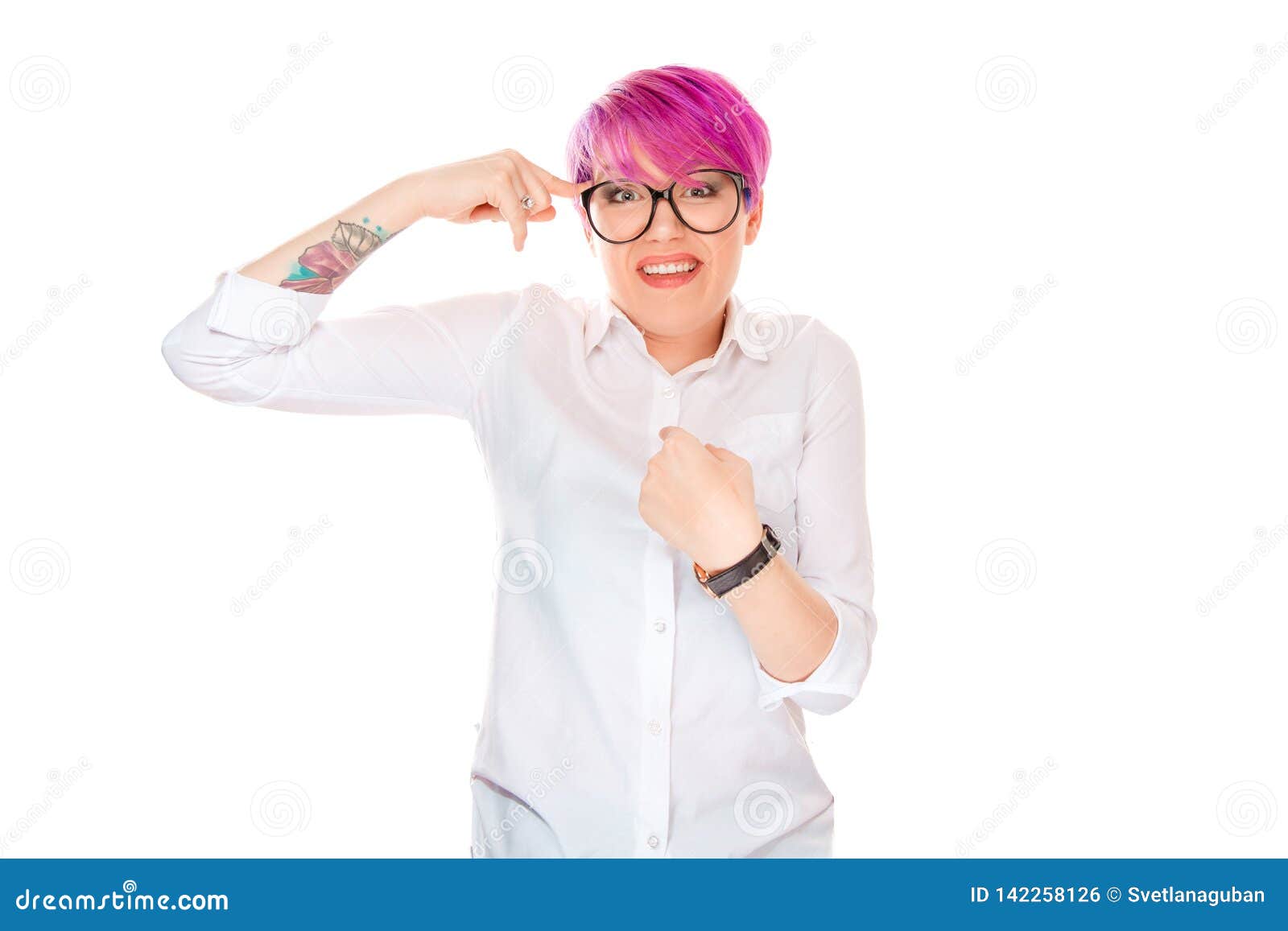 Woman Gesturing With Finger Against Temple Other Hand