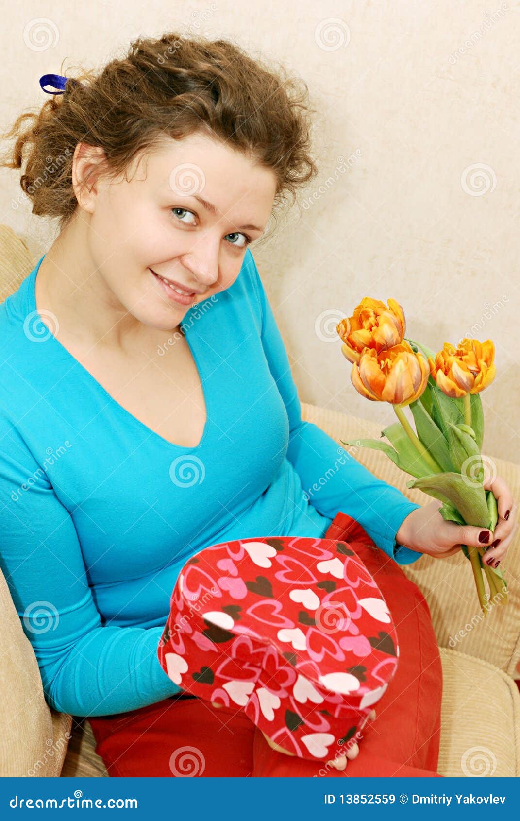 Woman Getting Flowers and Gift Stock Image Image of happiness, beauty