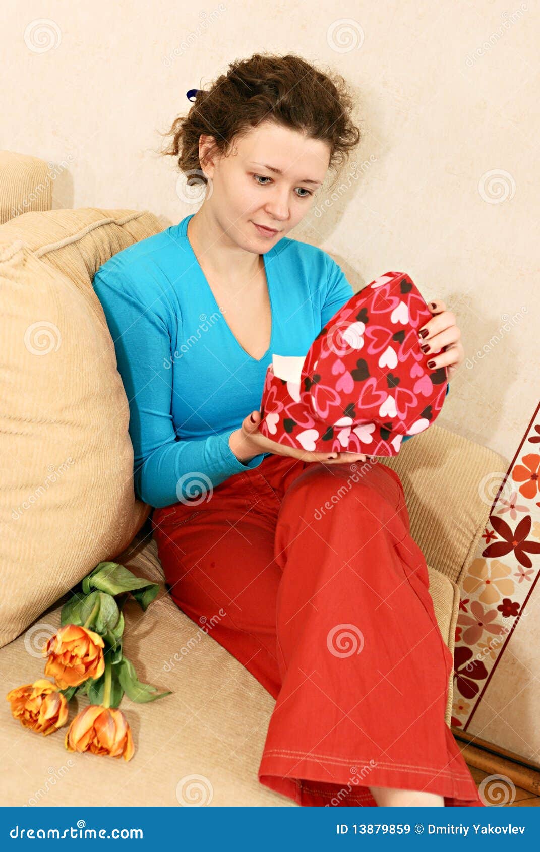 Woman Getting Flowers and Gift Stock Image Image of female